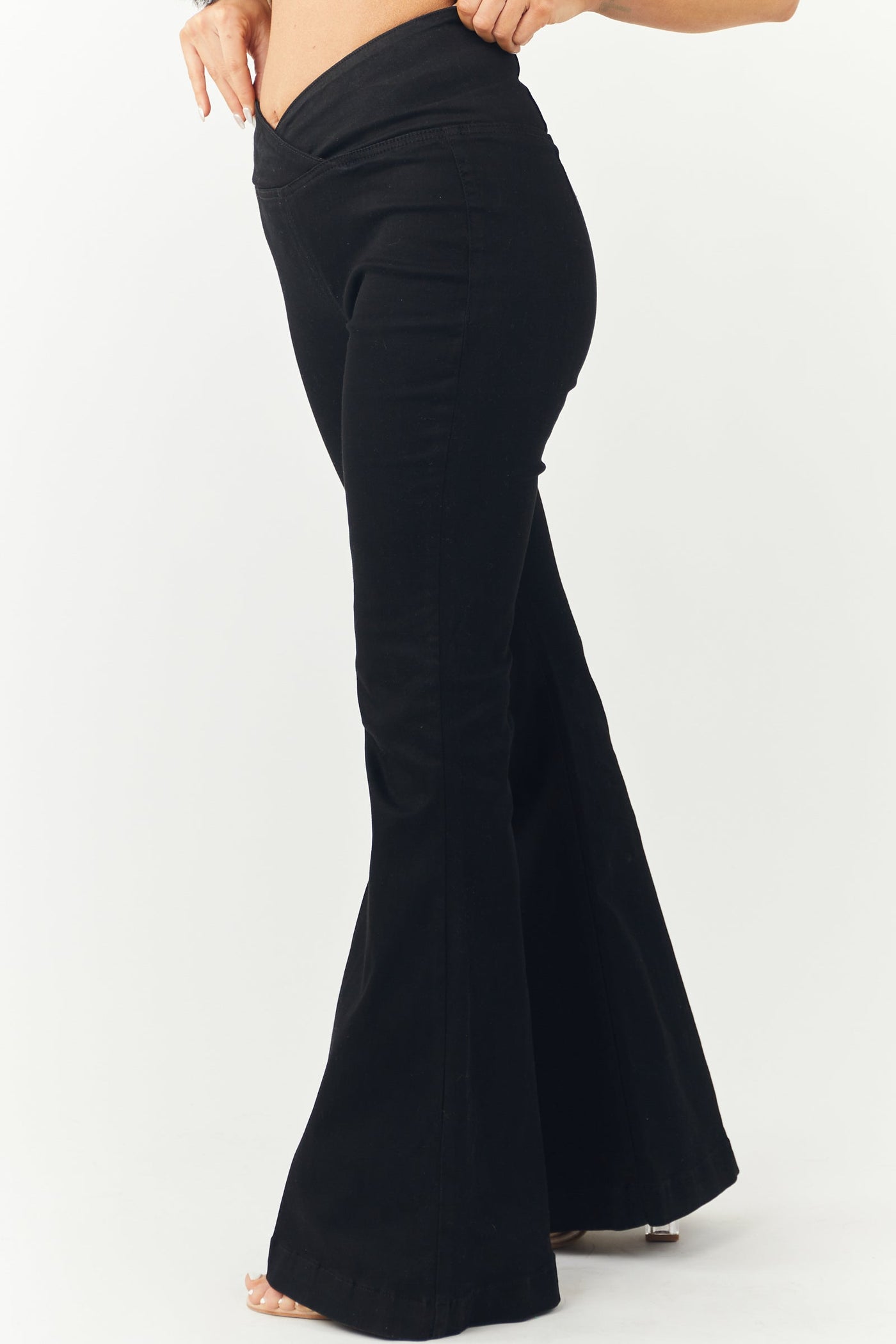 Black High Rise Crossover Waist Flare Jeans