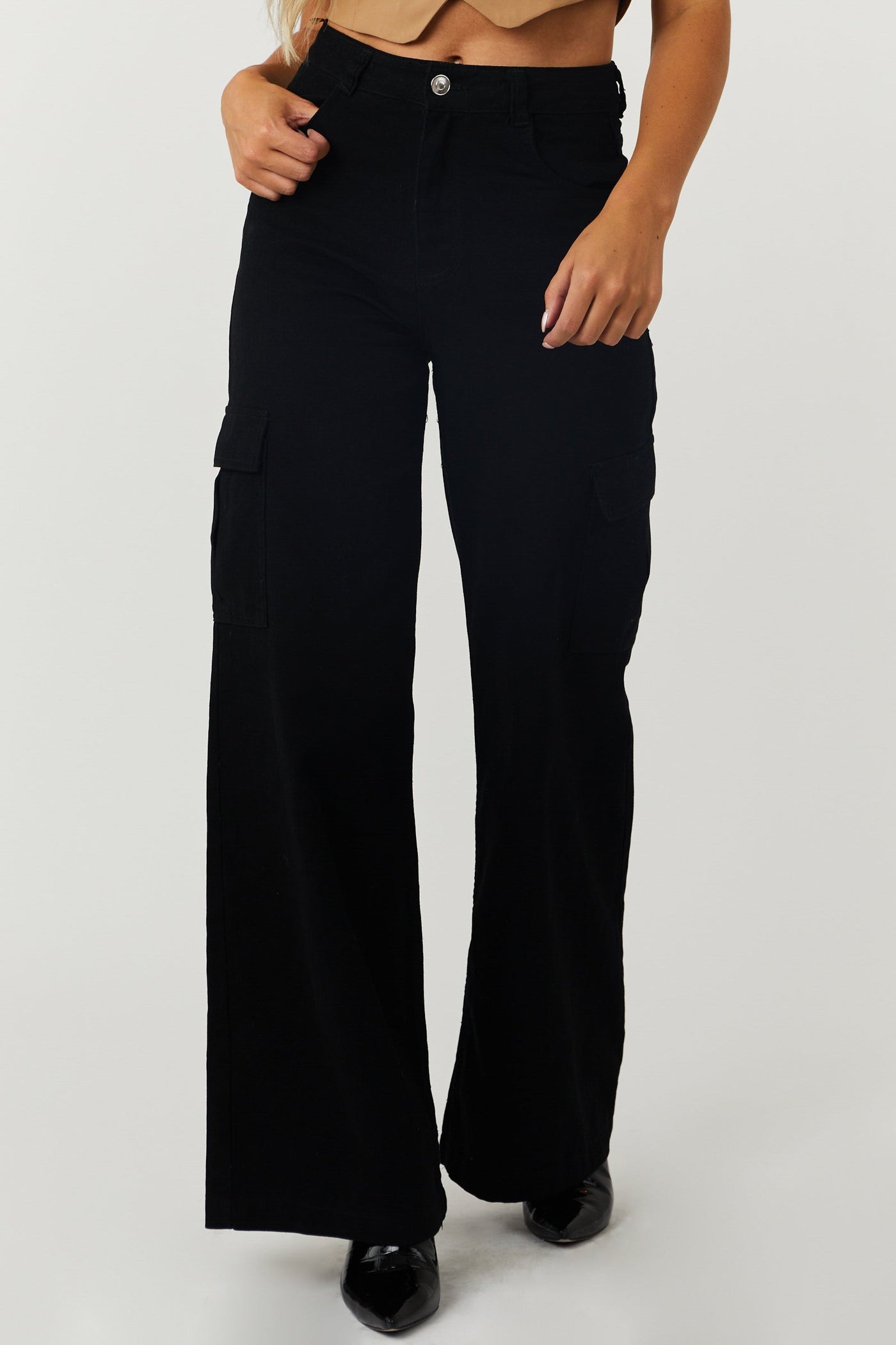 Timing Black High Rise Wide Leg Cargo Jeans with Pockets