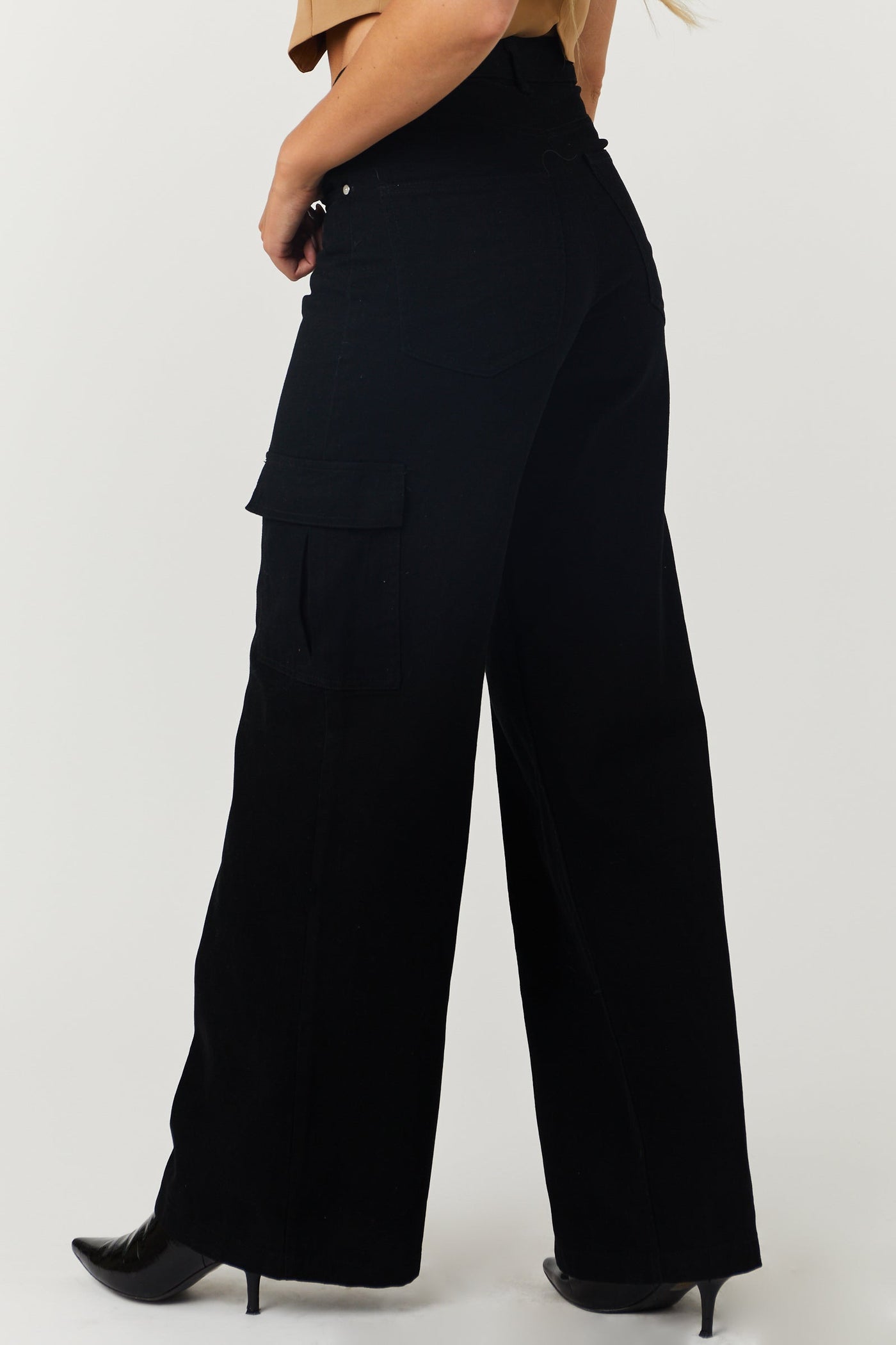 Timing Black High Rise Wide Leg Cargo Jeans with Pockets