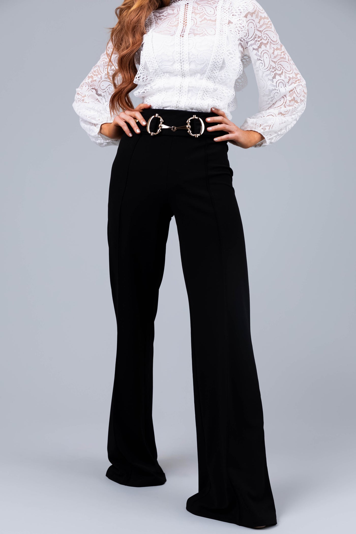 Black High Waisted Gold Buckle Wide Leg Pants