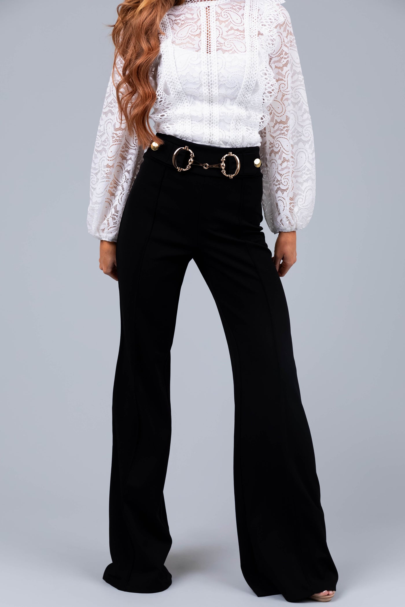 Black High Waisted Gold Buckle Wide Leg Pants