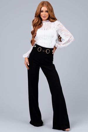 Black High Waisted Gold Buckle Wide Leg Pants