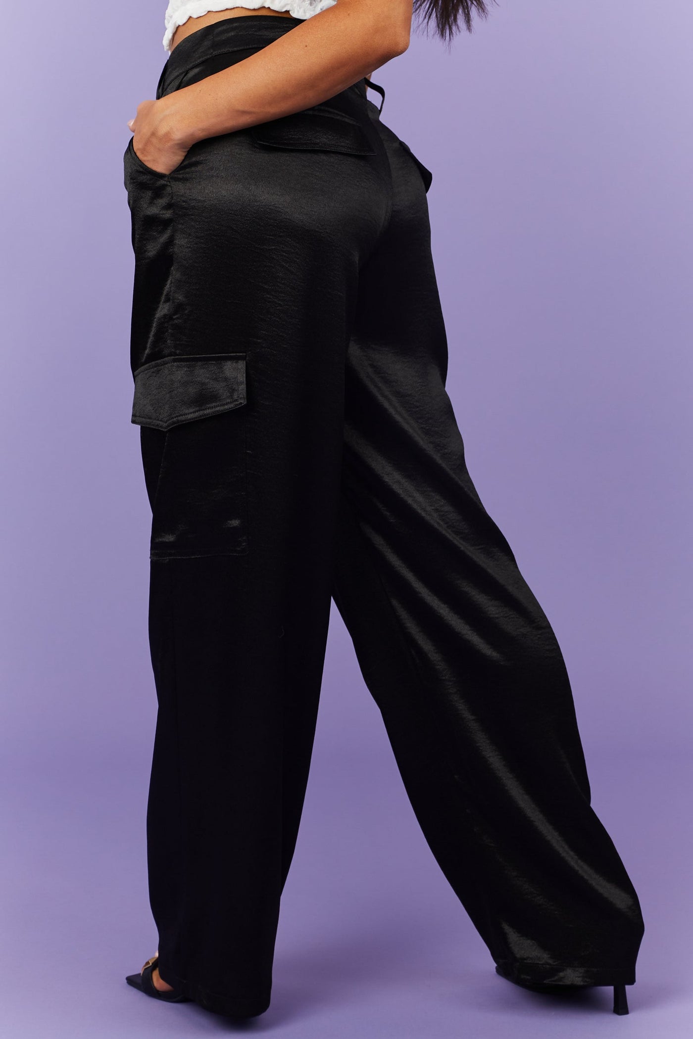 Black High Waisted Satin Cargo Pants