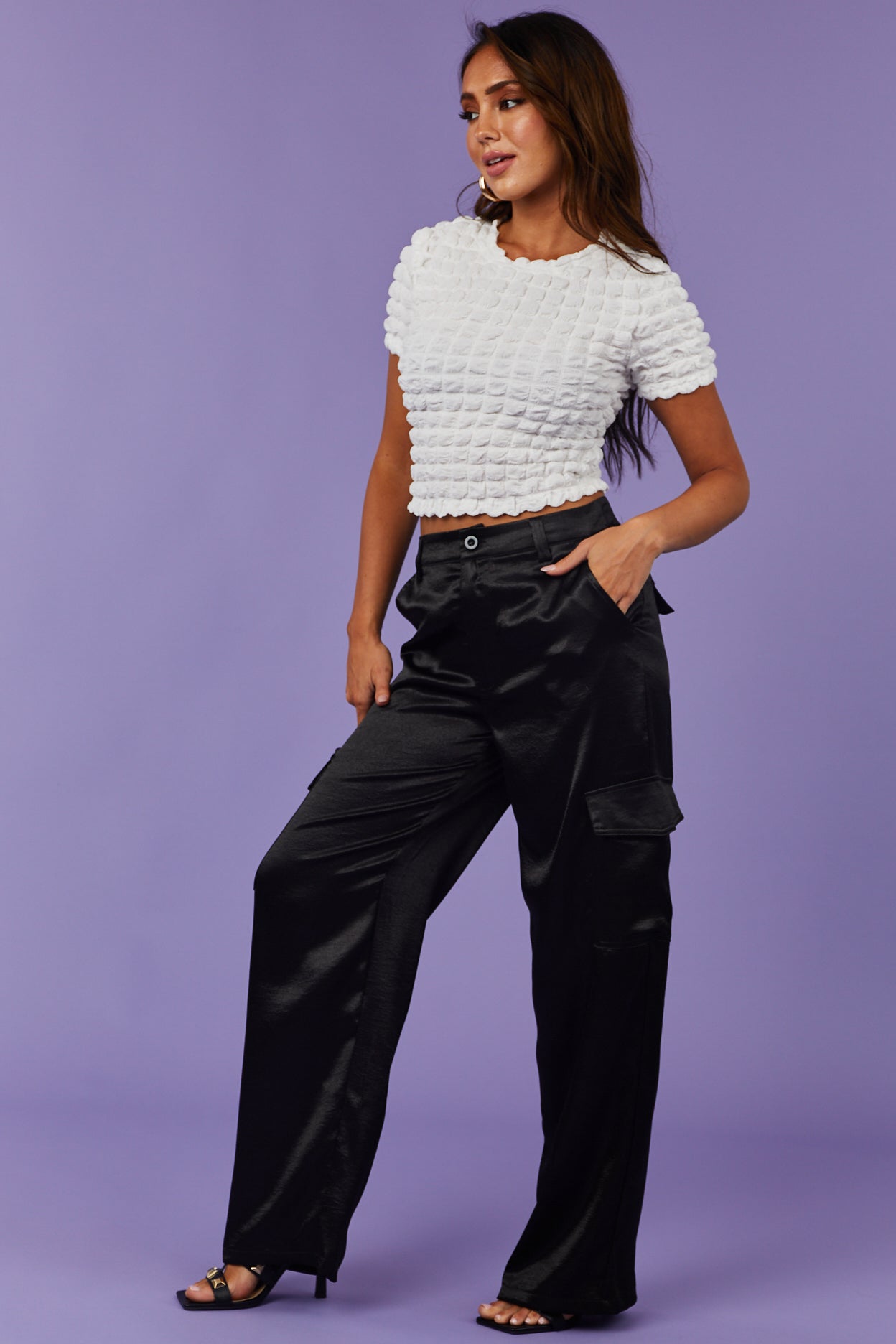 Black High Waisted Satin Cargo Pants