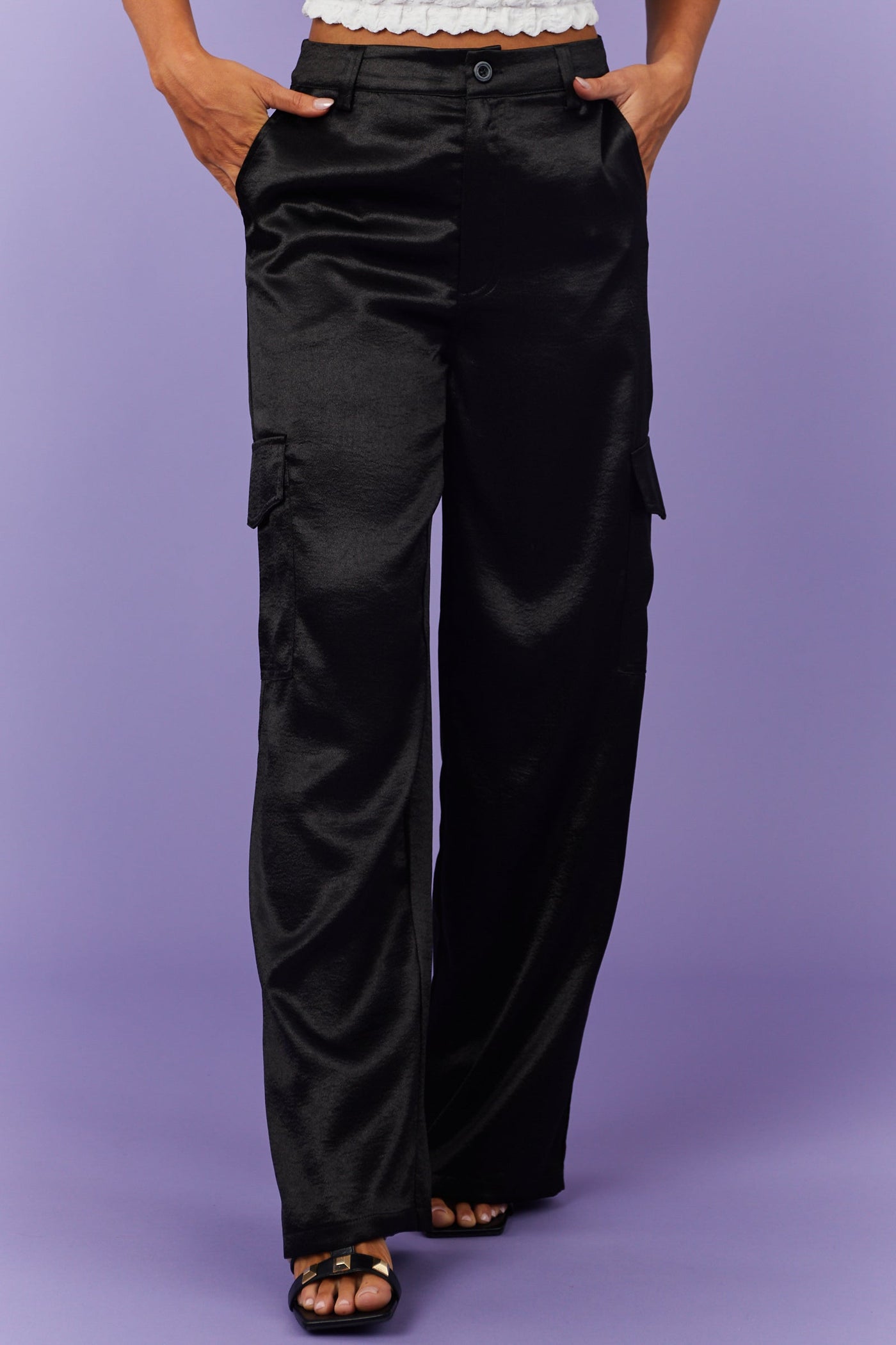 Black High Waisted Satin Cargo Pants