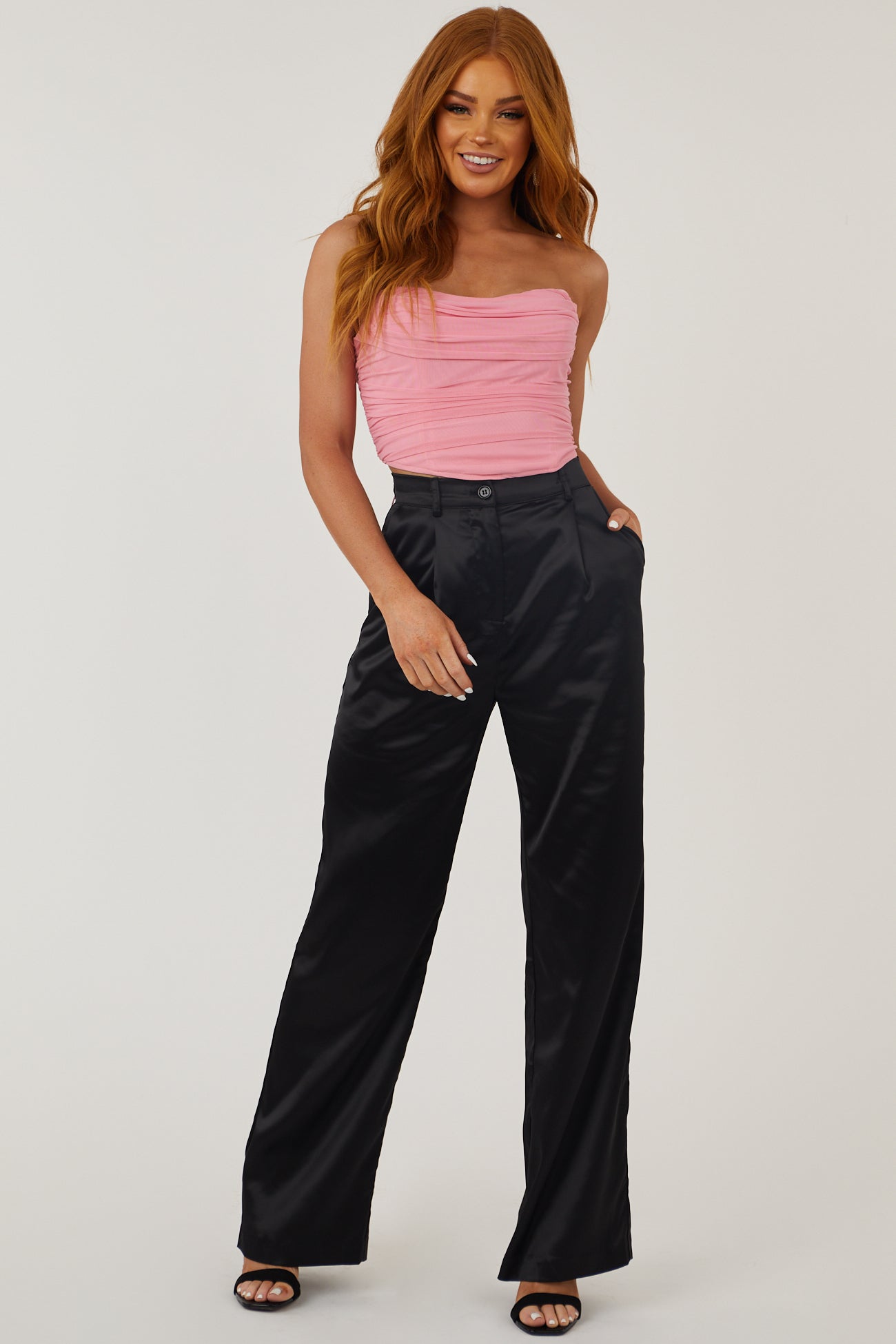 Black High Waisted Wide Leg Satin Pants