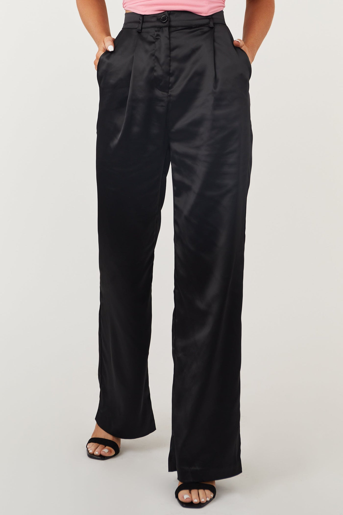 Black High Waisted Wide Leg Satin Pants