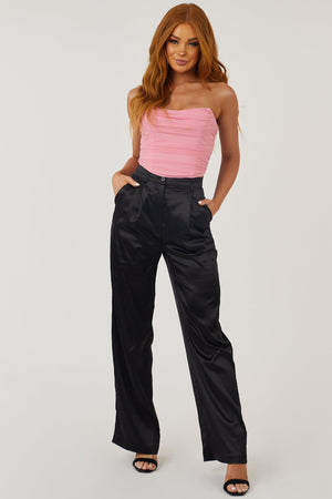 Black High Waisted Wide Leg Satin Pants