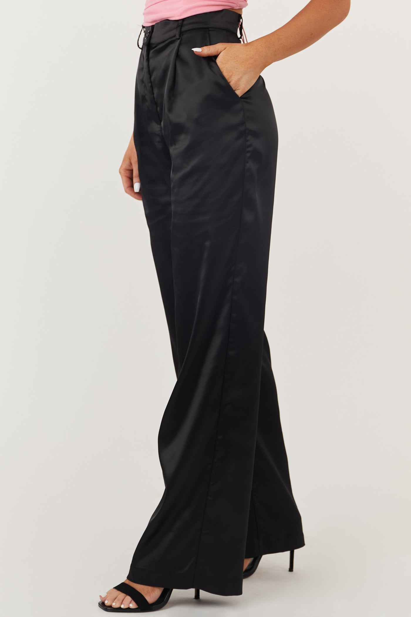 Black High Waisted Wide Leg Satin Pants