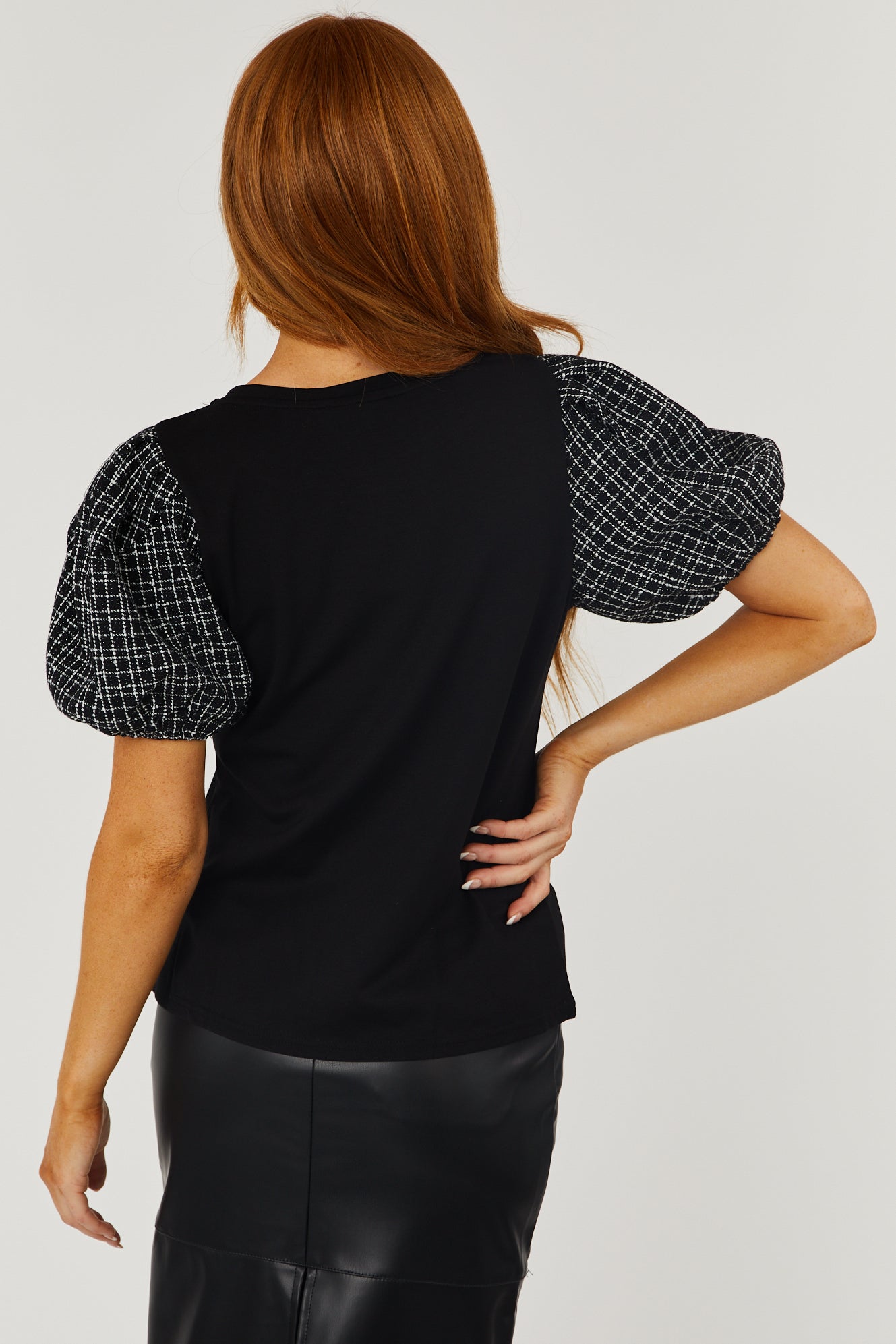 Black Knit Top with Tweed Puff Sleeves