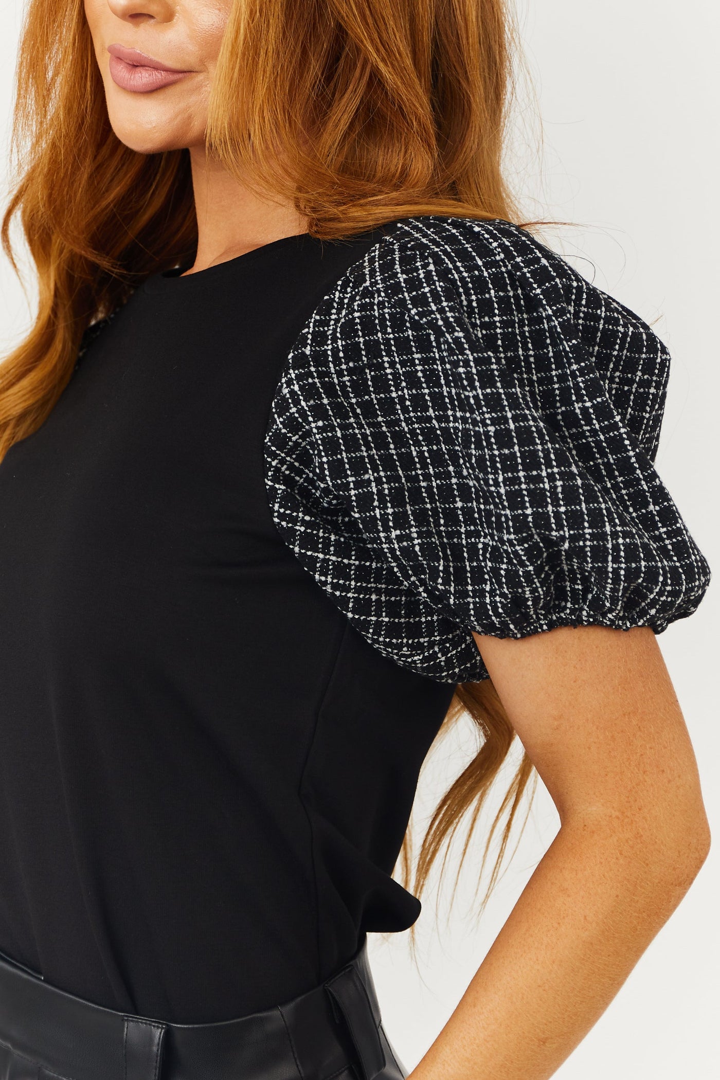 Black Knit Top with Tweed Puff Sleeves