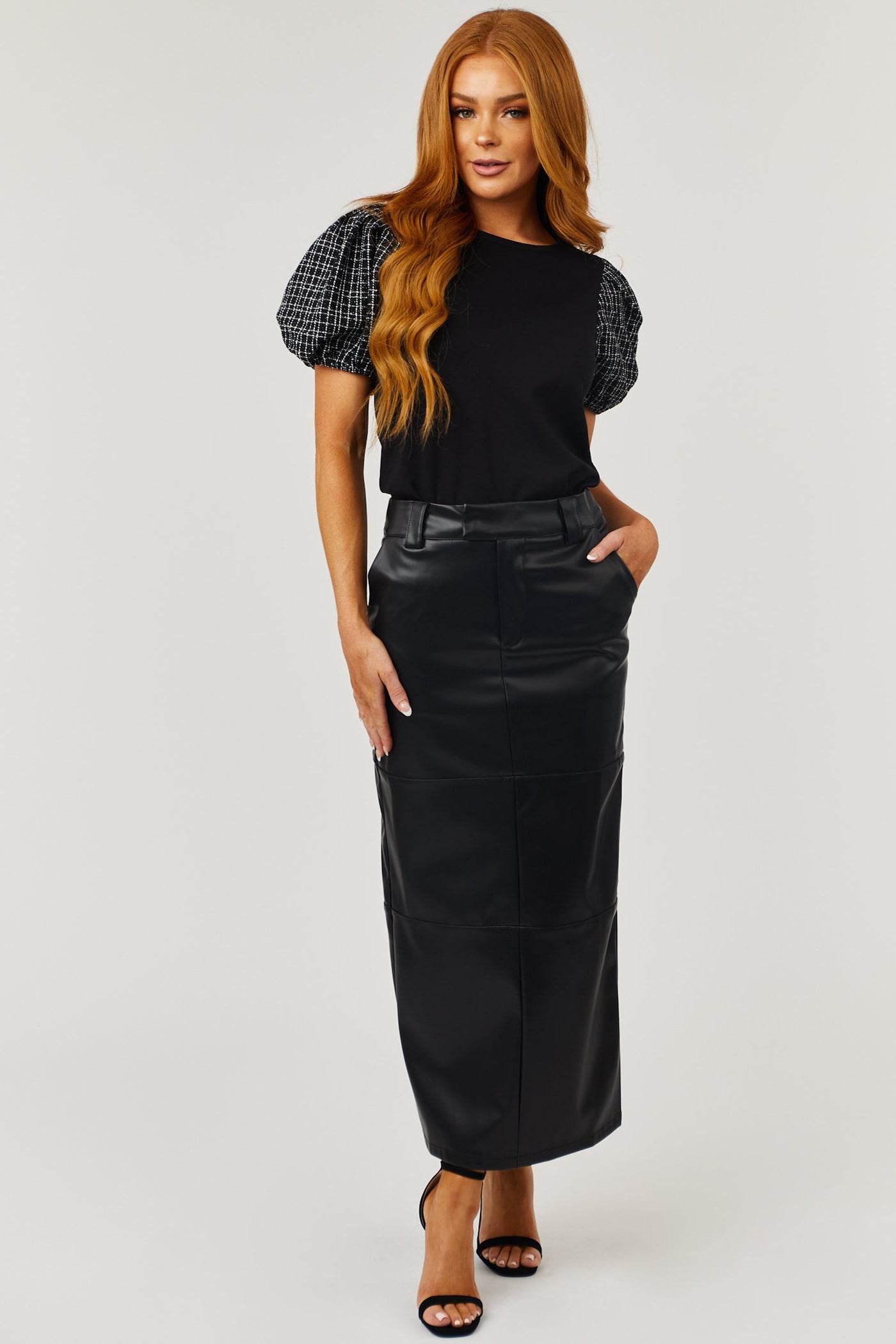 Black Knit Top with Tweed Puff Sleeves