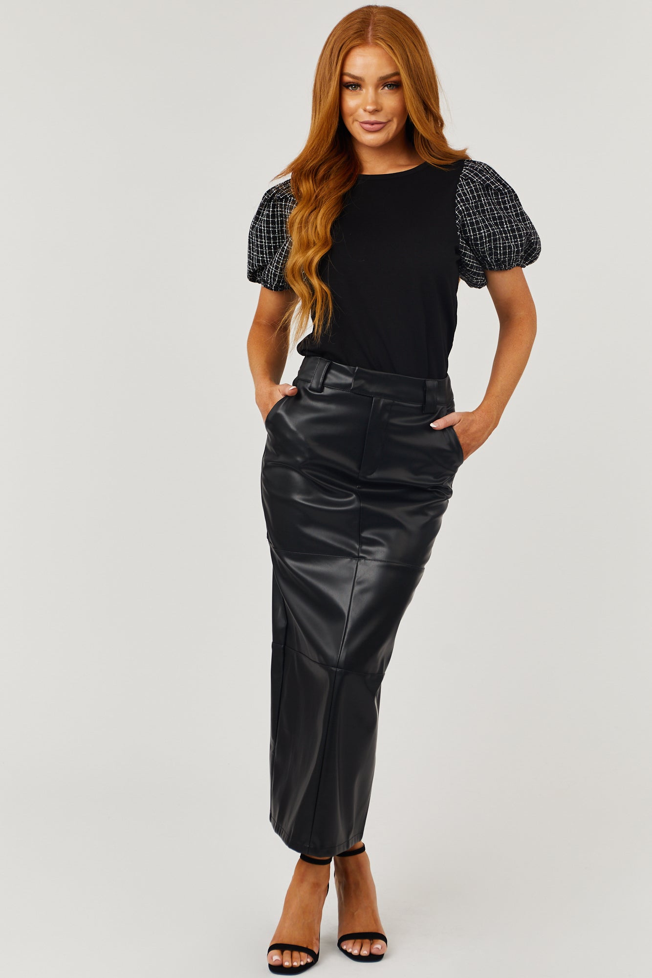 Black Knit Top with Tweed Puff Sleeves