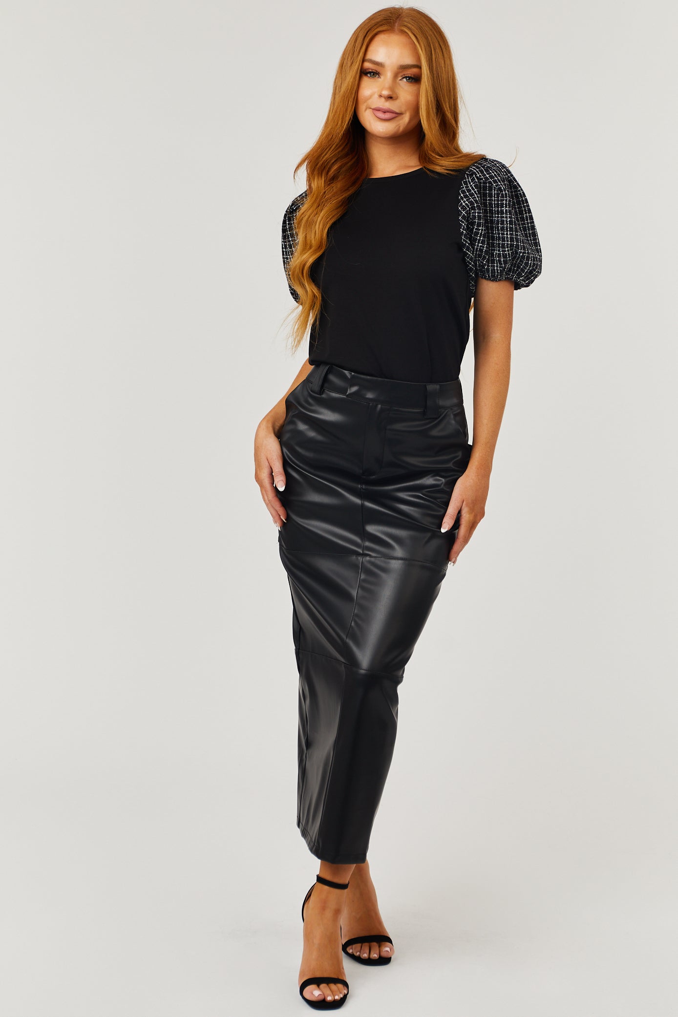 Black Knit Top with Tweed Puff Sleeves