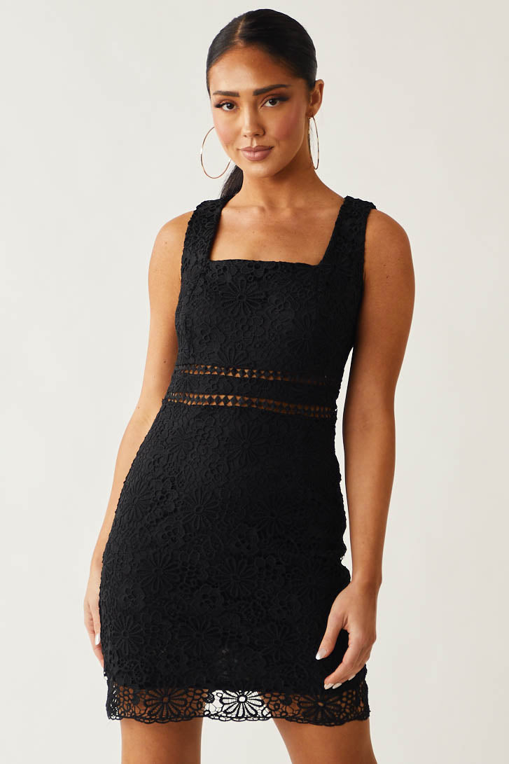 Black Lace Floral Pointelle Waist Tank Dress