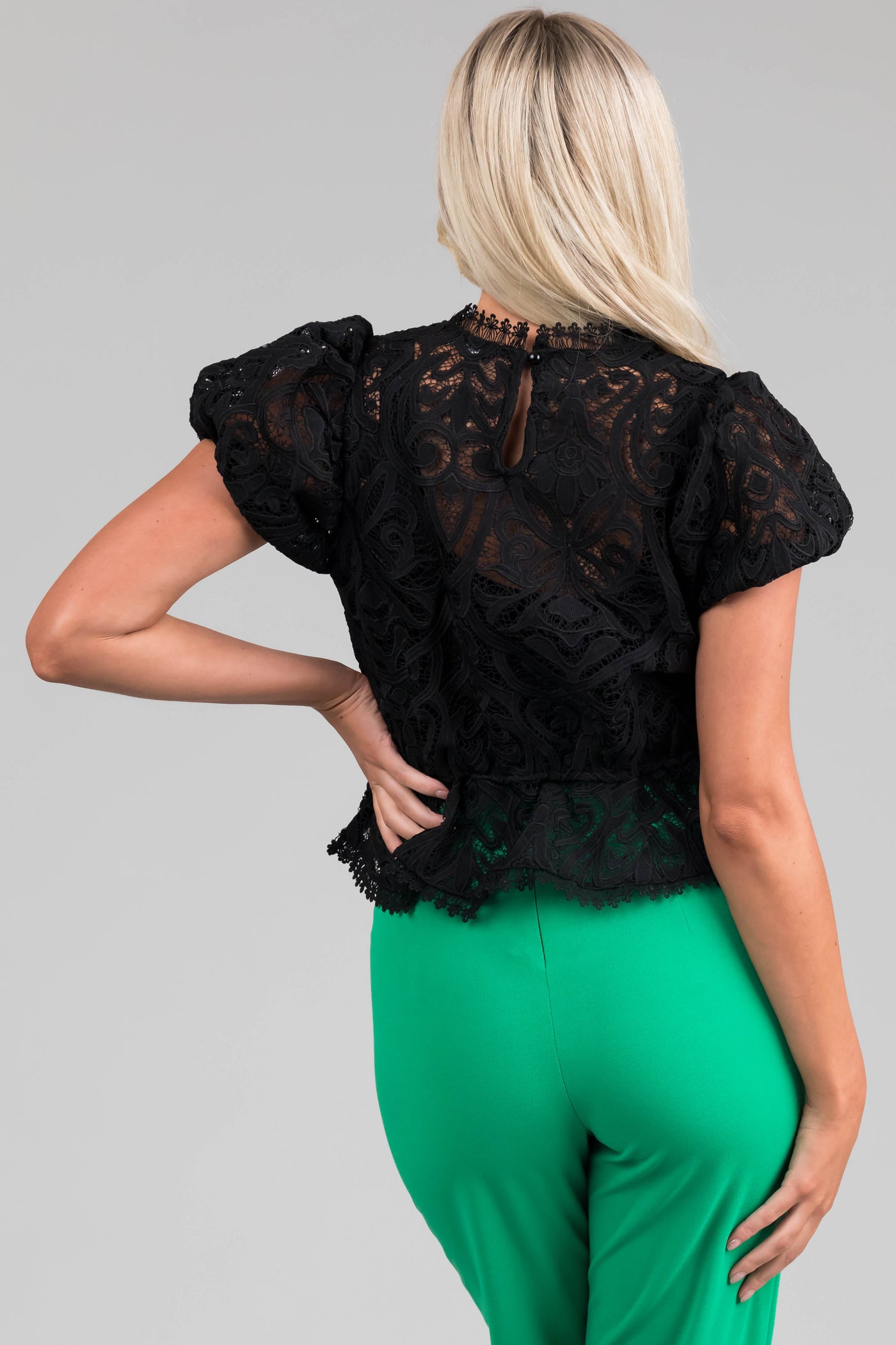 Black Lace Puff Sleeve Peplum Top