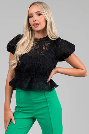 Black Lace Puff Sleeve Peplum Top