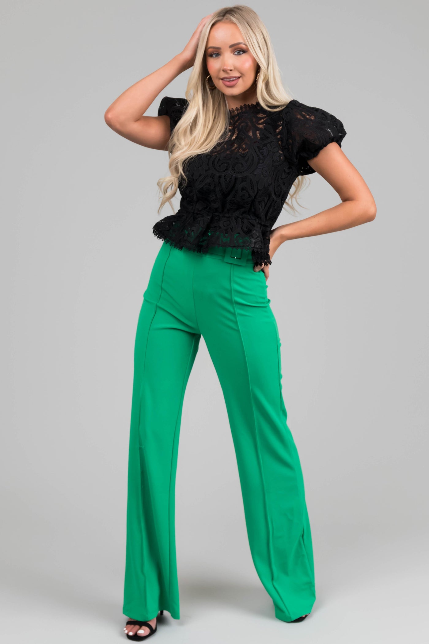 Black Lace Puff Sleeve Peplum Top