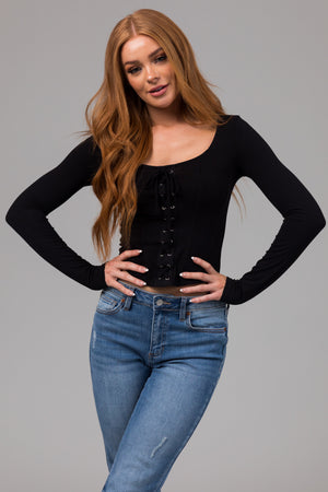 Black Lace Up Ribbed Knit Corset Top