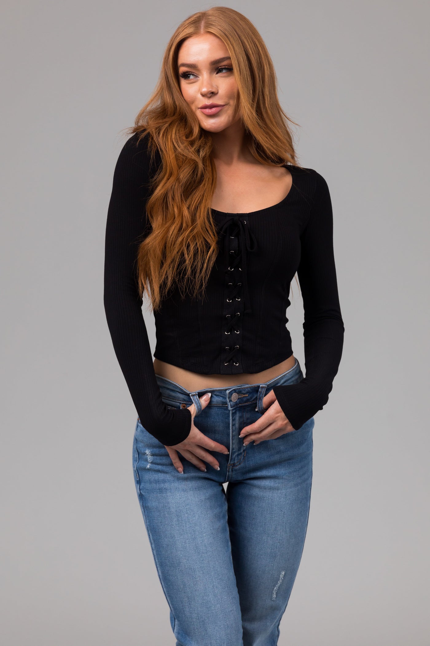 Black Lace Up Ribbed Knit Corset Top