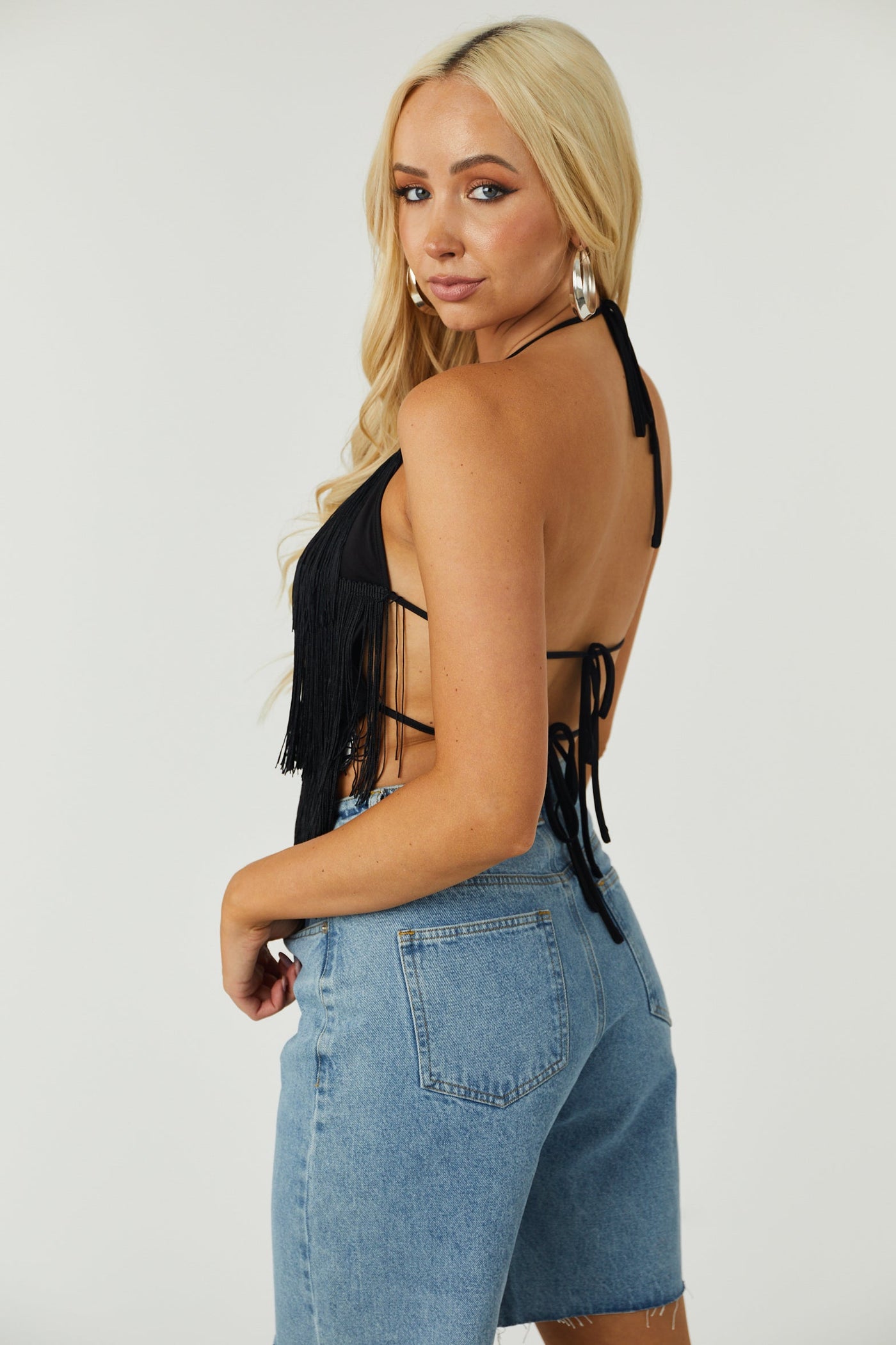 Black Layered Fringe Halter Neck Top