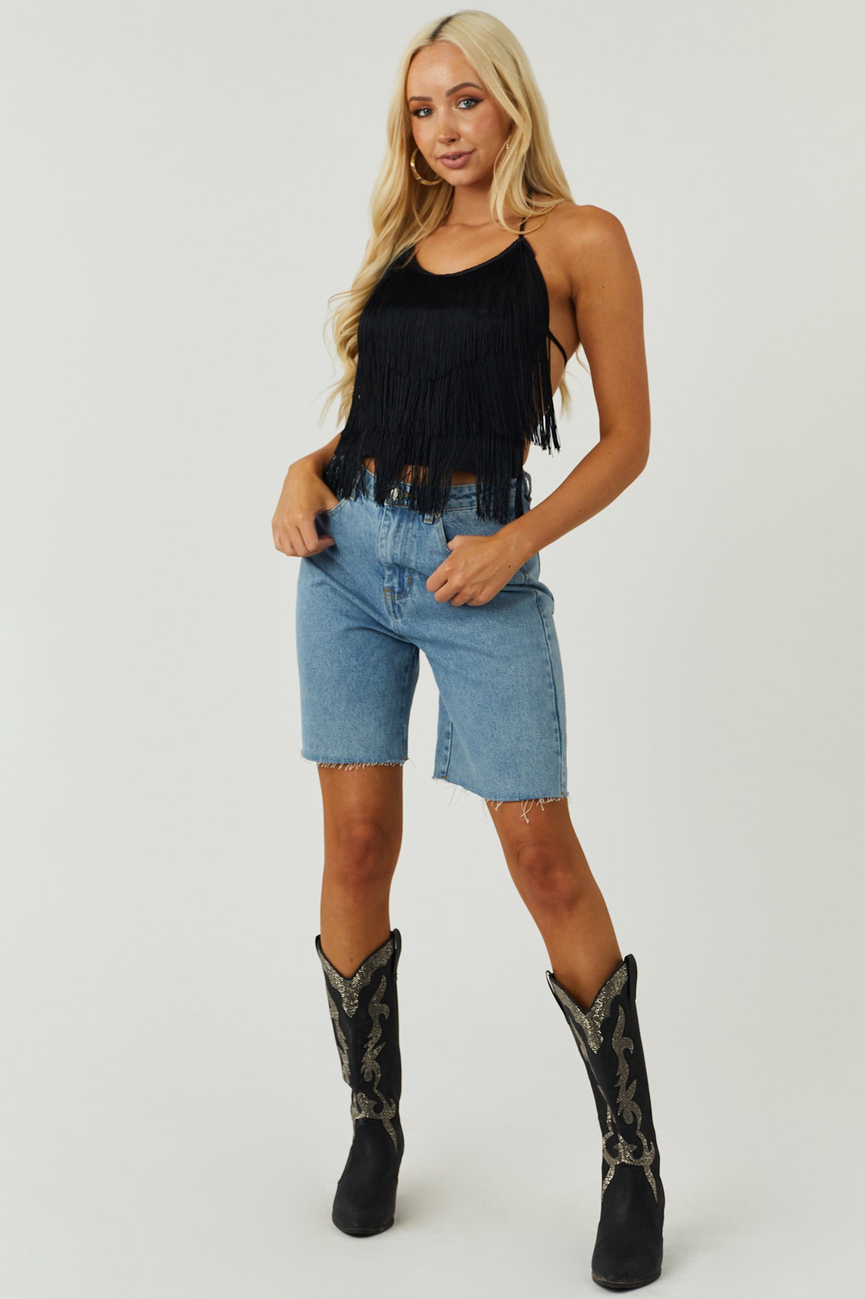 Black Layered Fringe Halter Neck Top