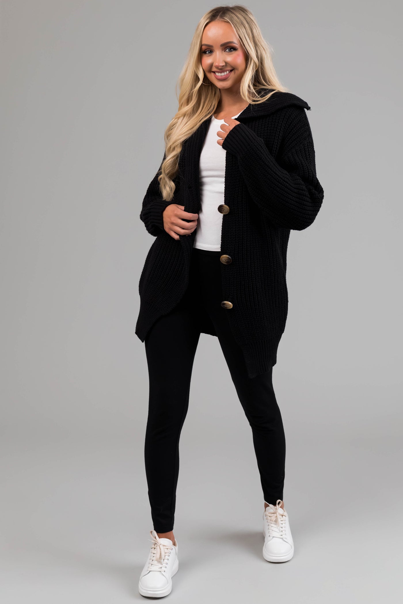 Black Long Sleeve Button Down Knit Cardigan