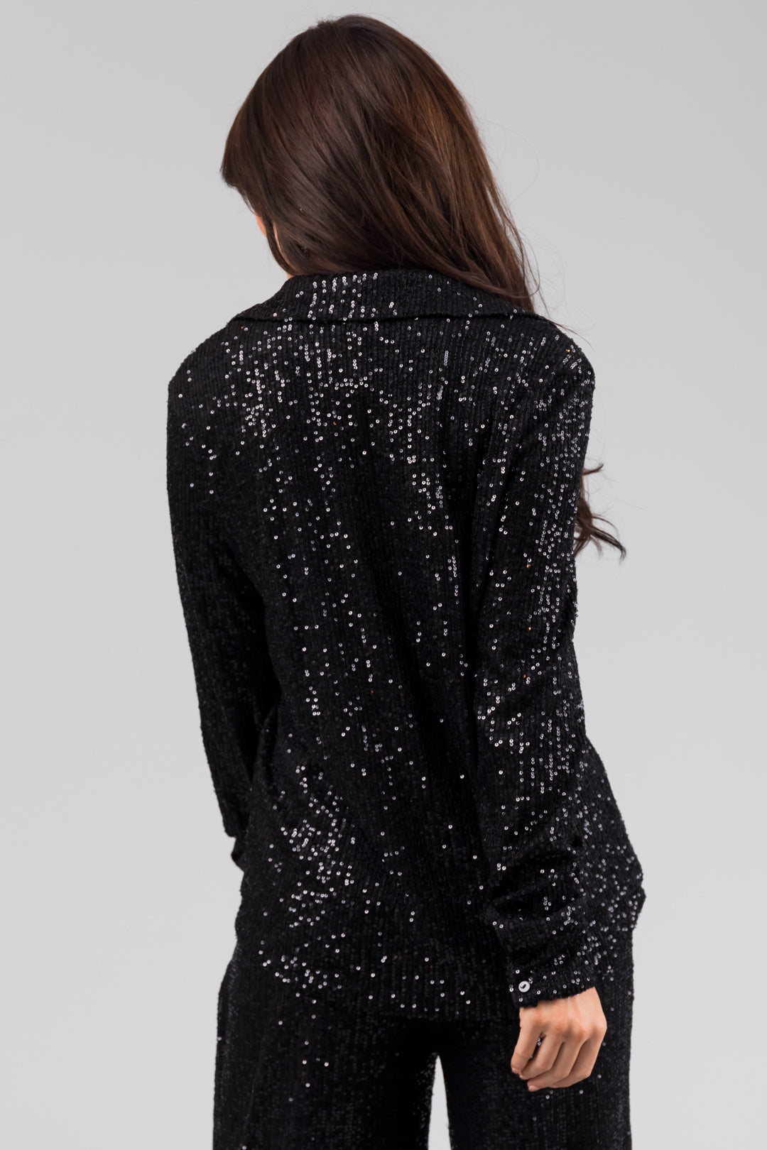 Black Long Sleeve Button Down Sequin Top