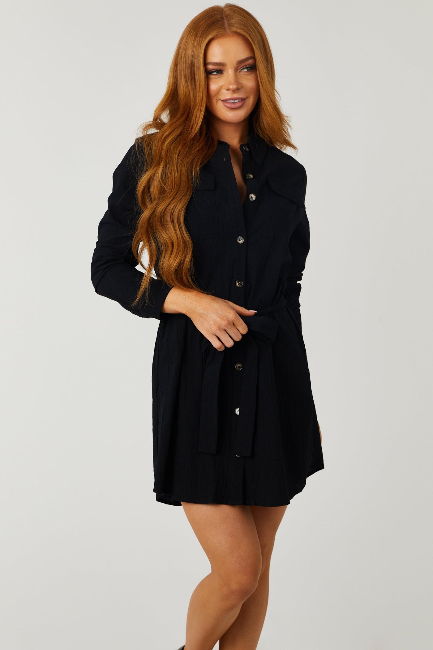 Black Long Sleeve Button Up Waist Tie Shirt Dress