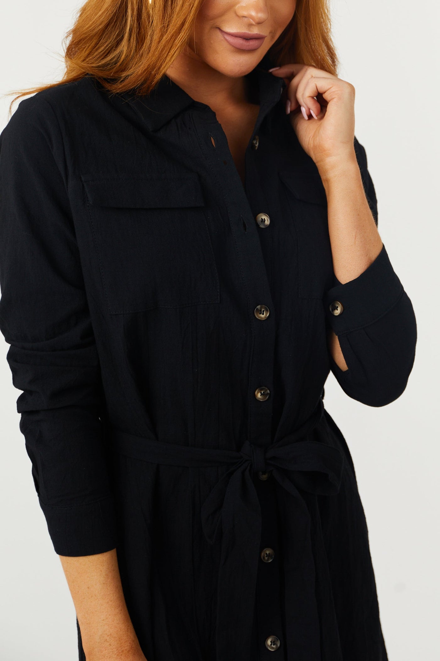 Black Long Sleeve Button Up Waist Tie Shirt Dress
