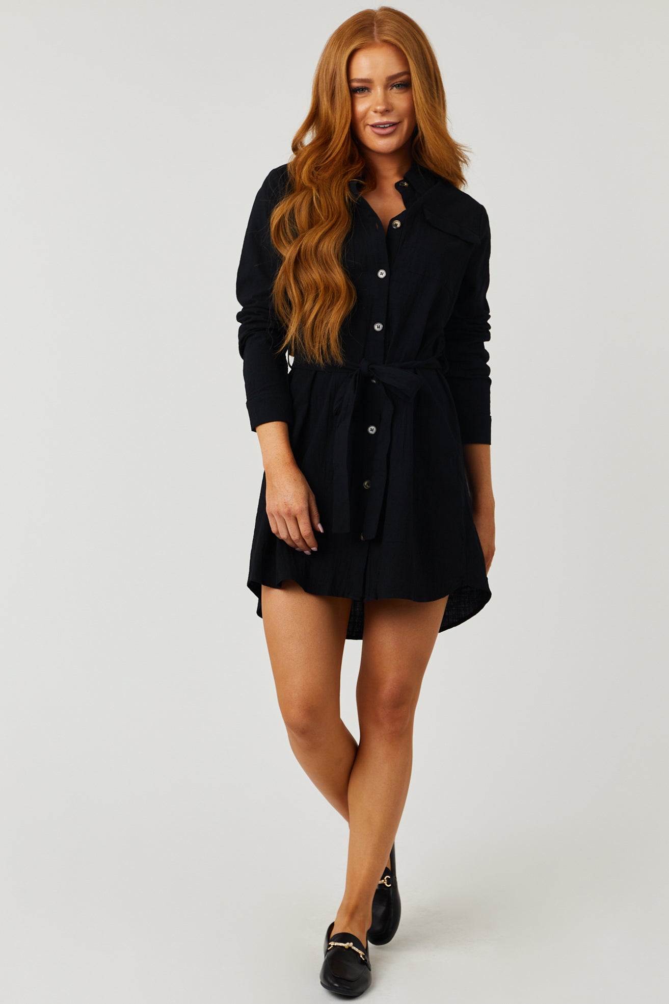 Black Long Sleeve Button Up Waist Tie Shirt Dress