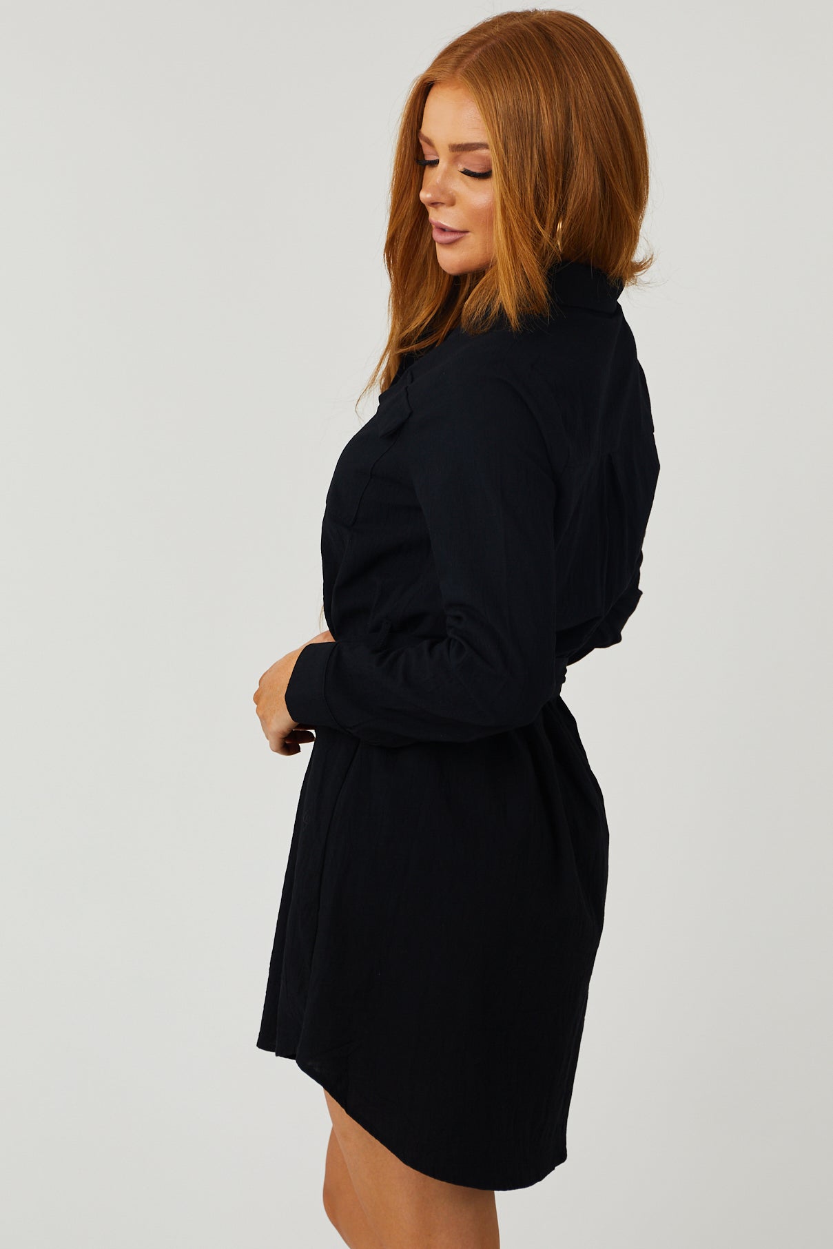 Black Long Sleeve Button Up Waist Tie Shirt Dress