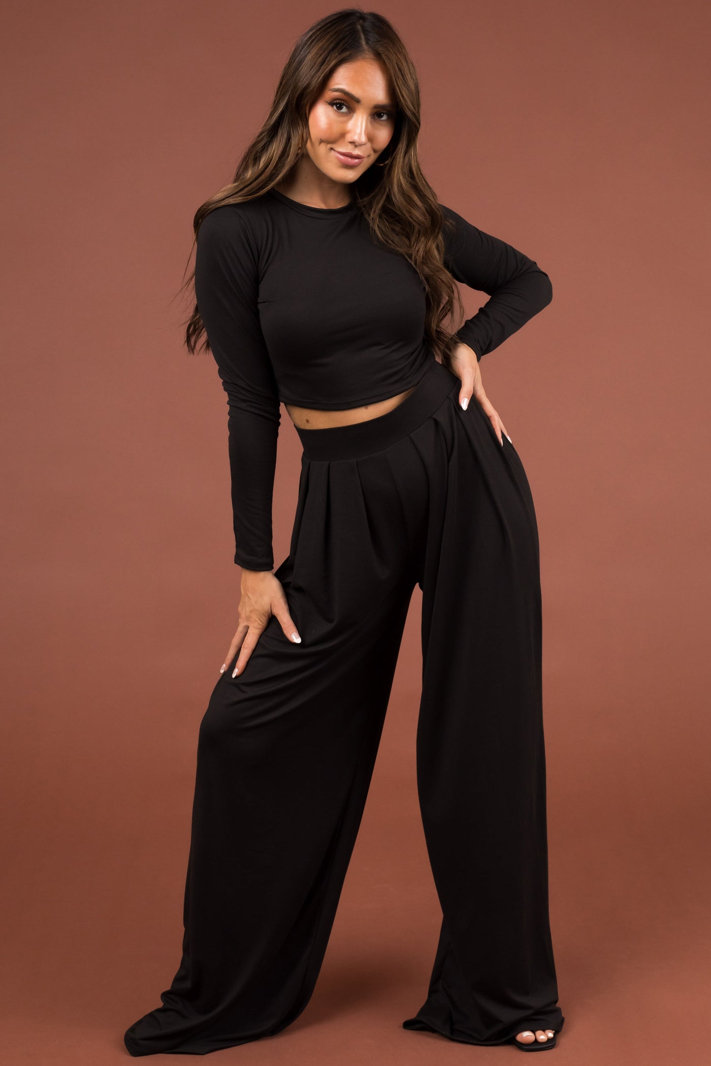 Black Long Sleeve Crop Top and Wide Pants Set