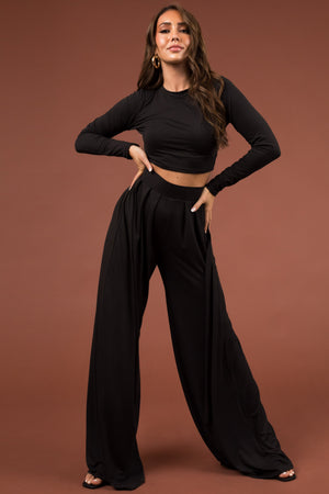Black Long Sleeve Crop Top and Wide Pants Set