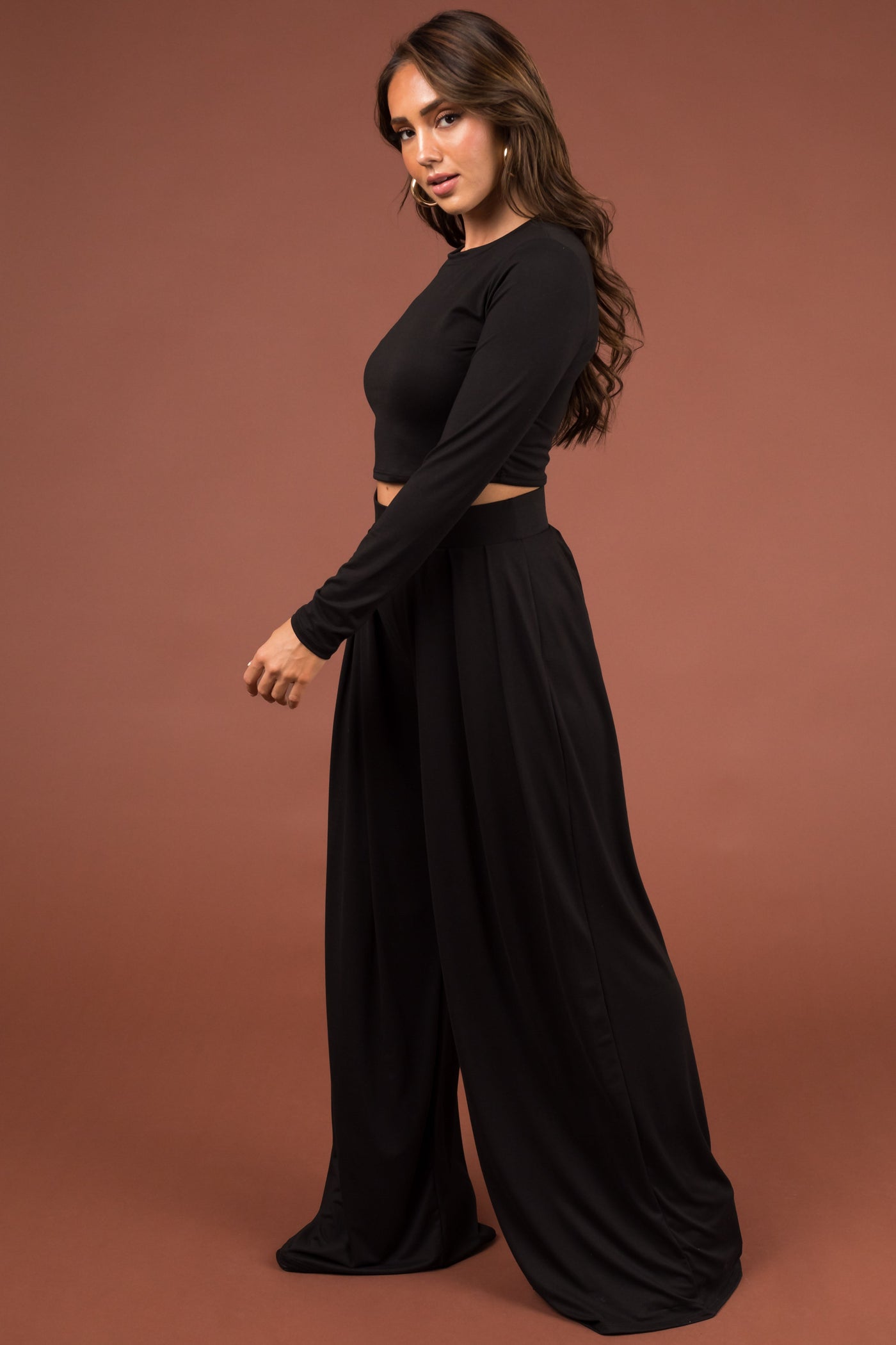 Black Long Sleeve Crop Top and Wide Pants Set