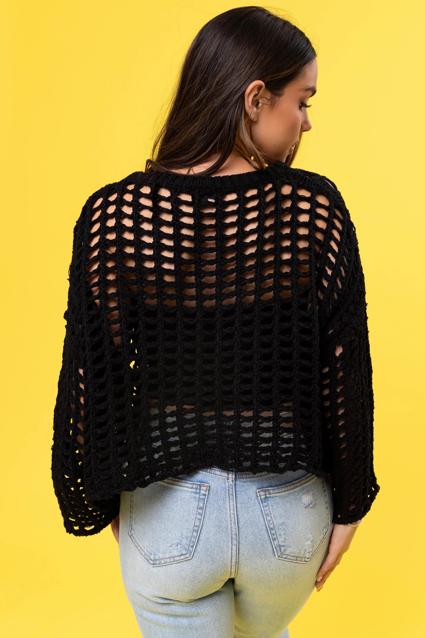 Black Long Sleeve Open Crochet Top