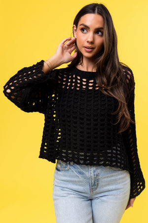 Black Long Sleeve Open Crochet Top