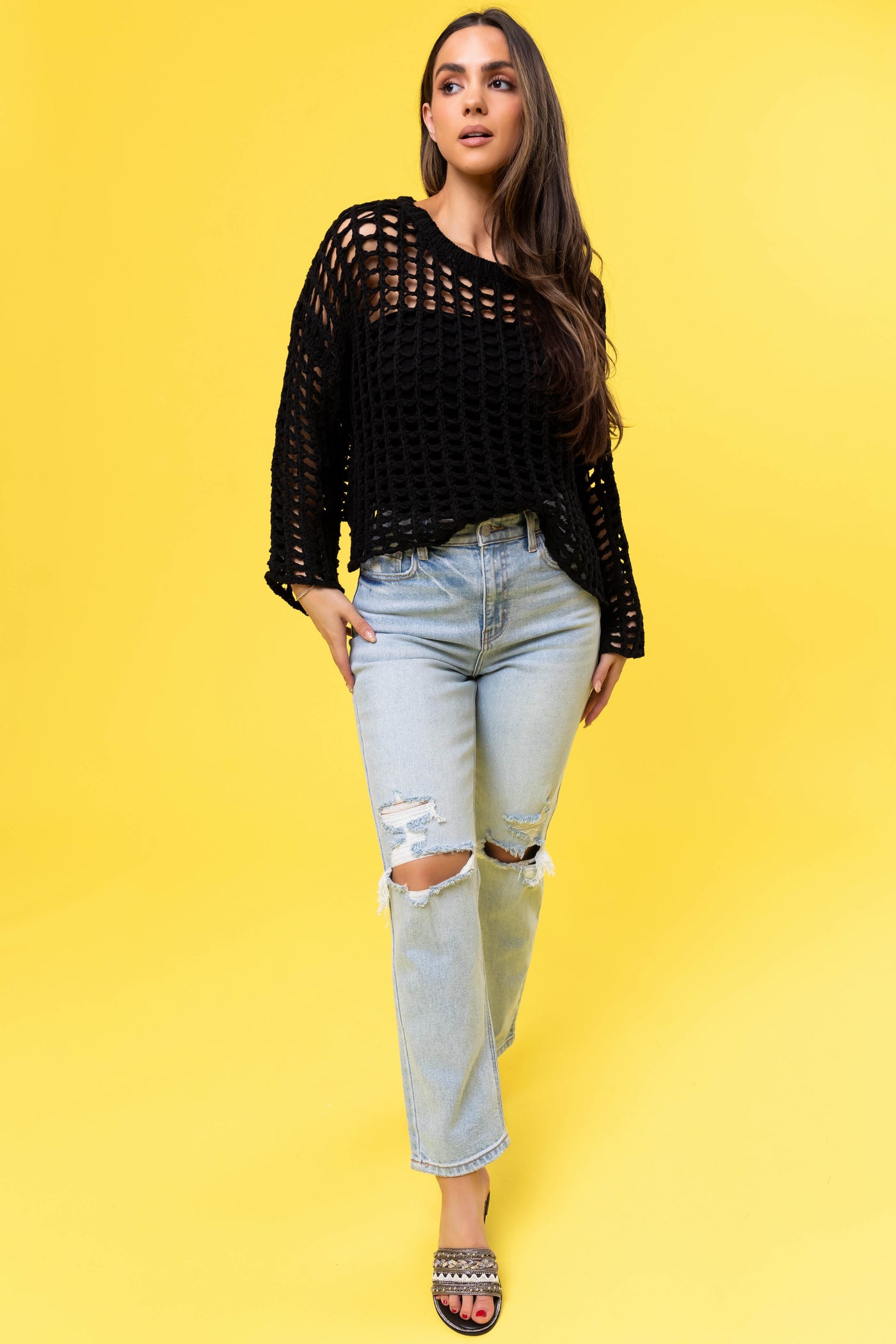 Black Long Sleeve Open Crochet Top