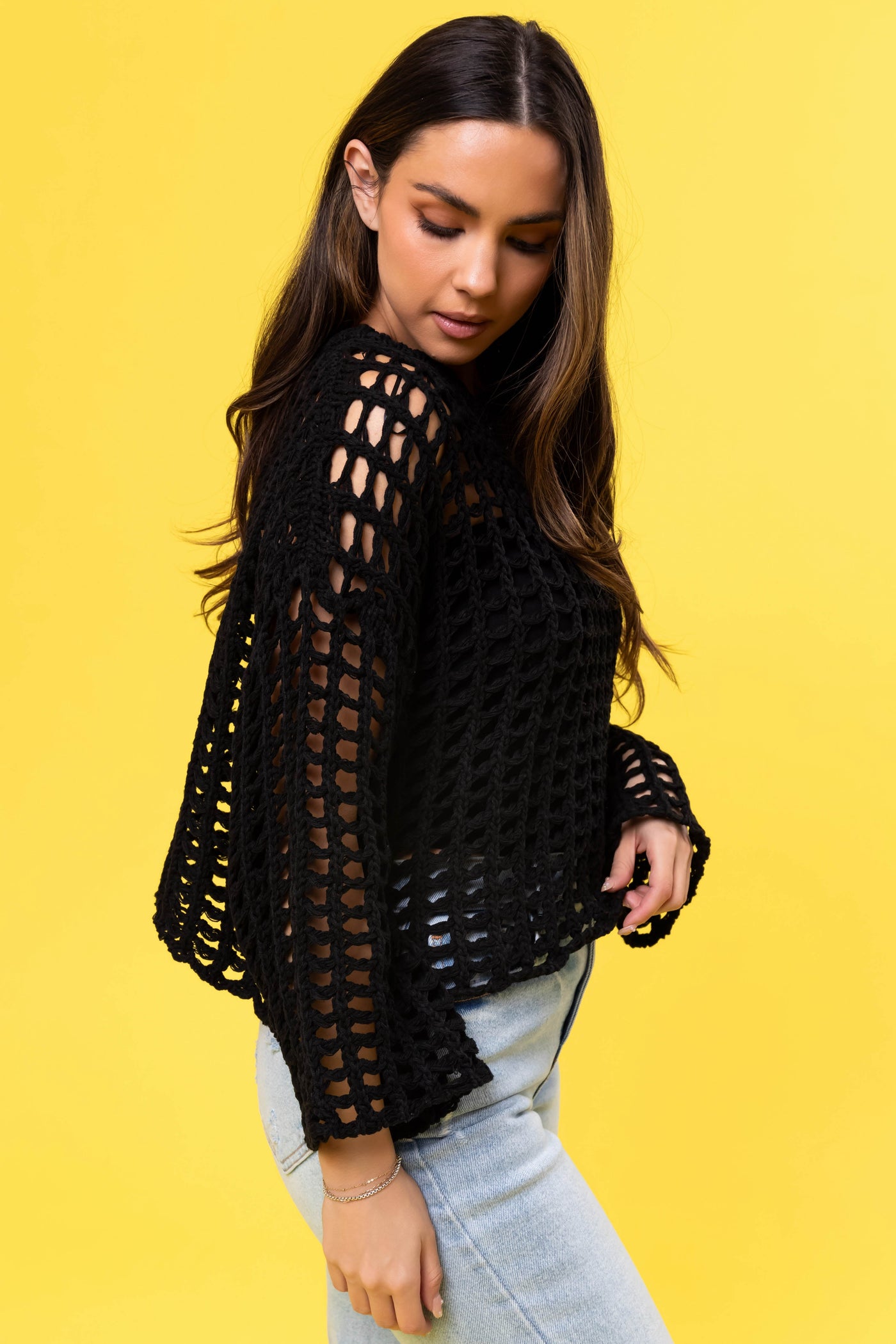 Black Long Sleeve Open Crochet Top