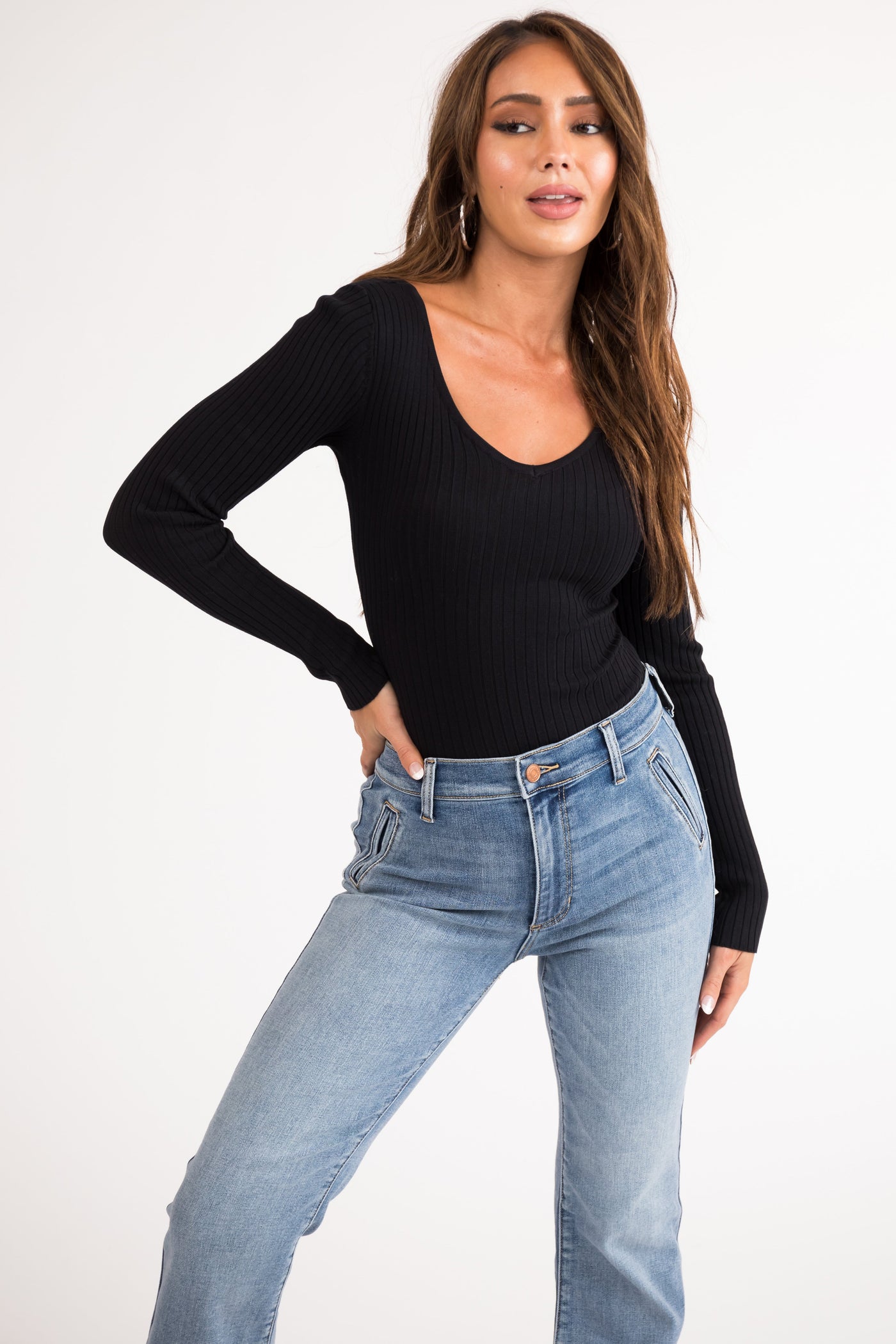 Black Long Sleeve Ribbed Knit Bodysuit