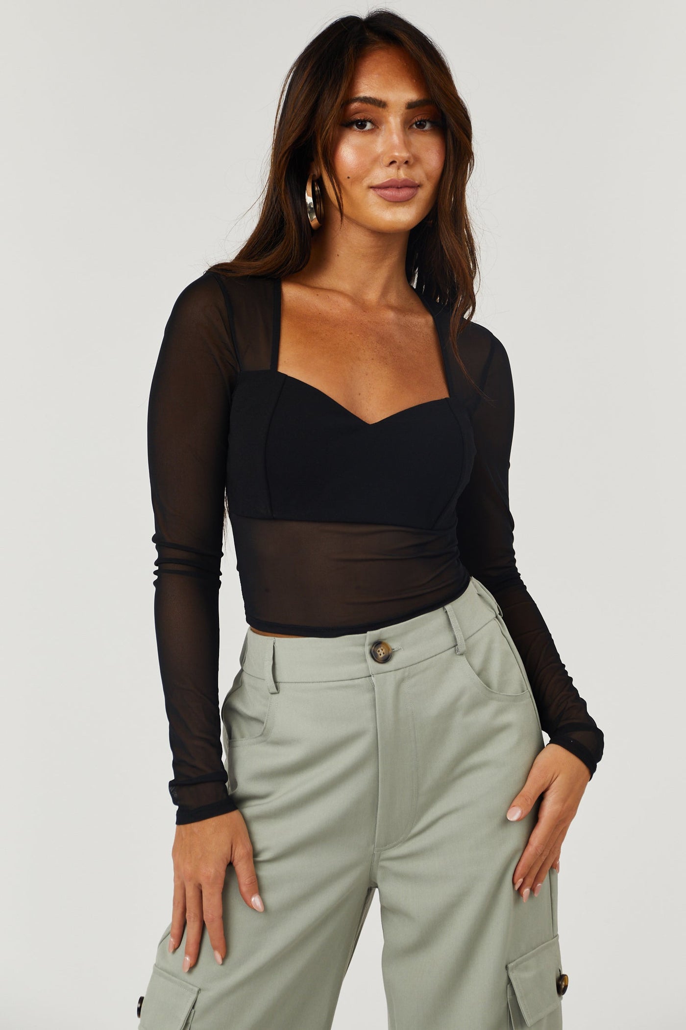 Black Long Sleeve Sheer Mesh Top with Bust Lining