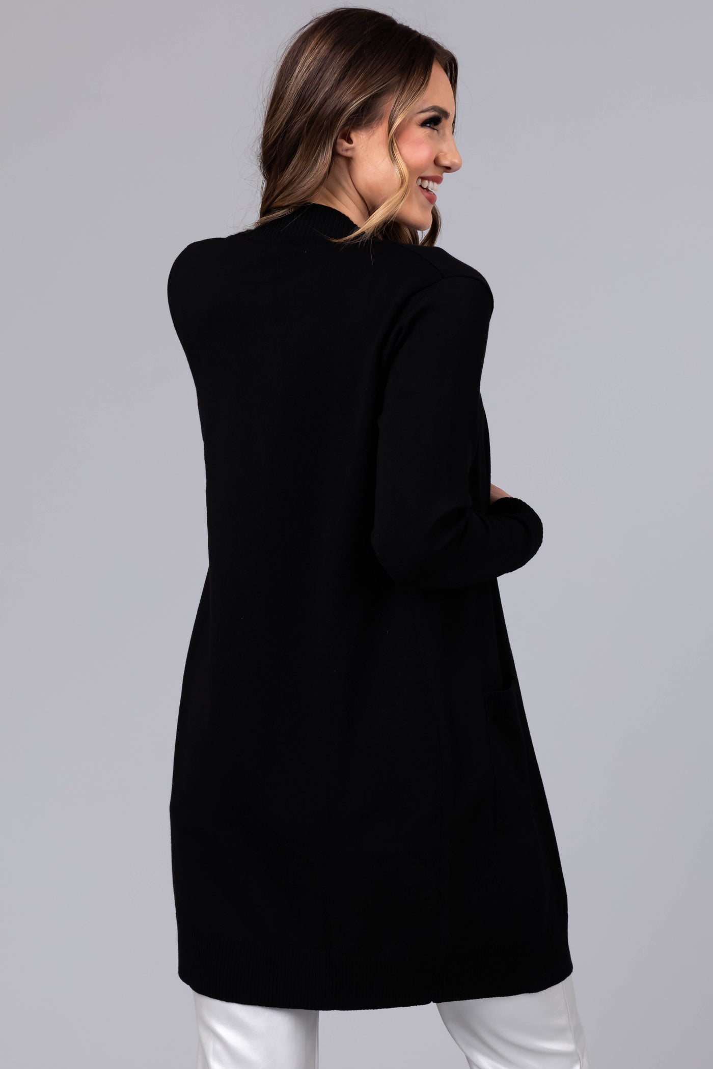 Black Mid Length Lightweight Open Cardigan
