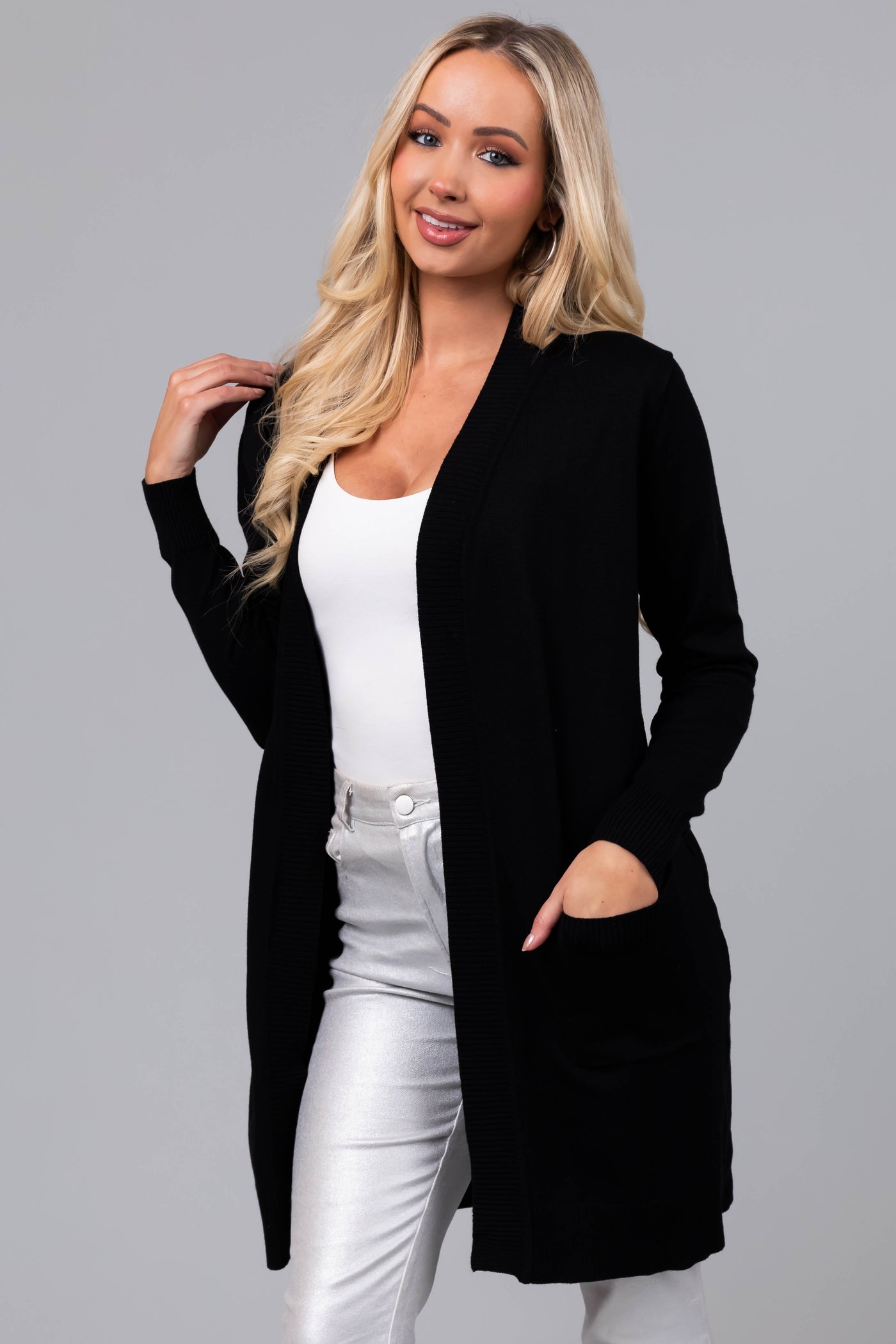 Black Mid Length Lightweight Open Cardigan