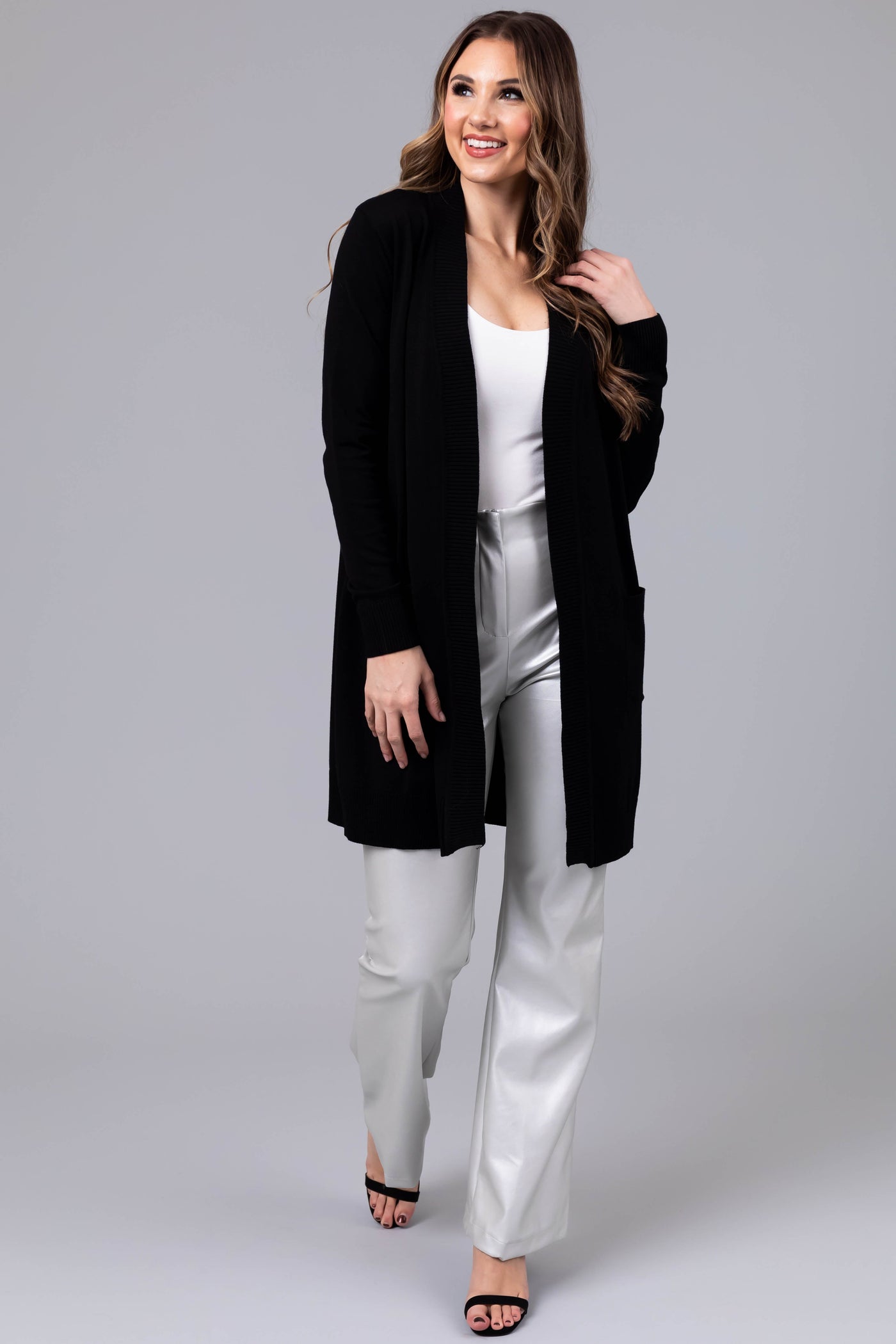 Black Mid Length Lightweight Open Cardigan