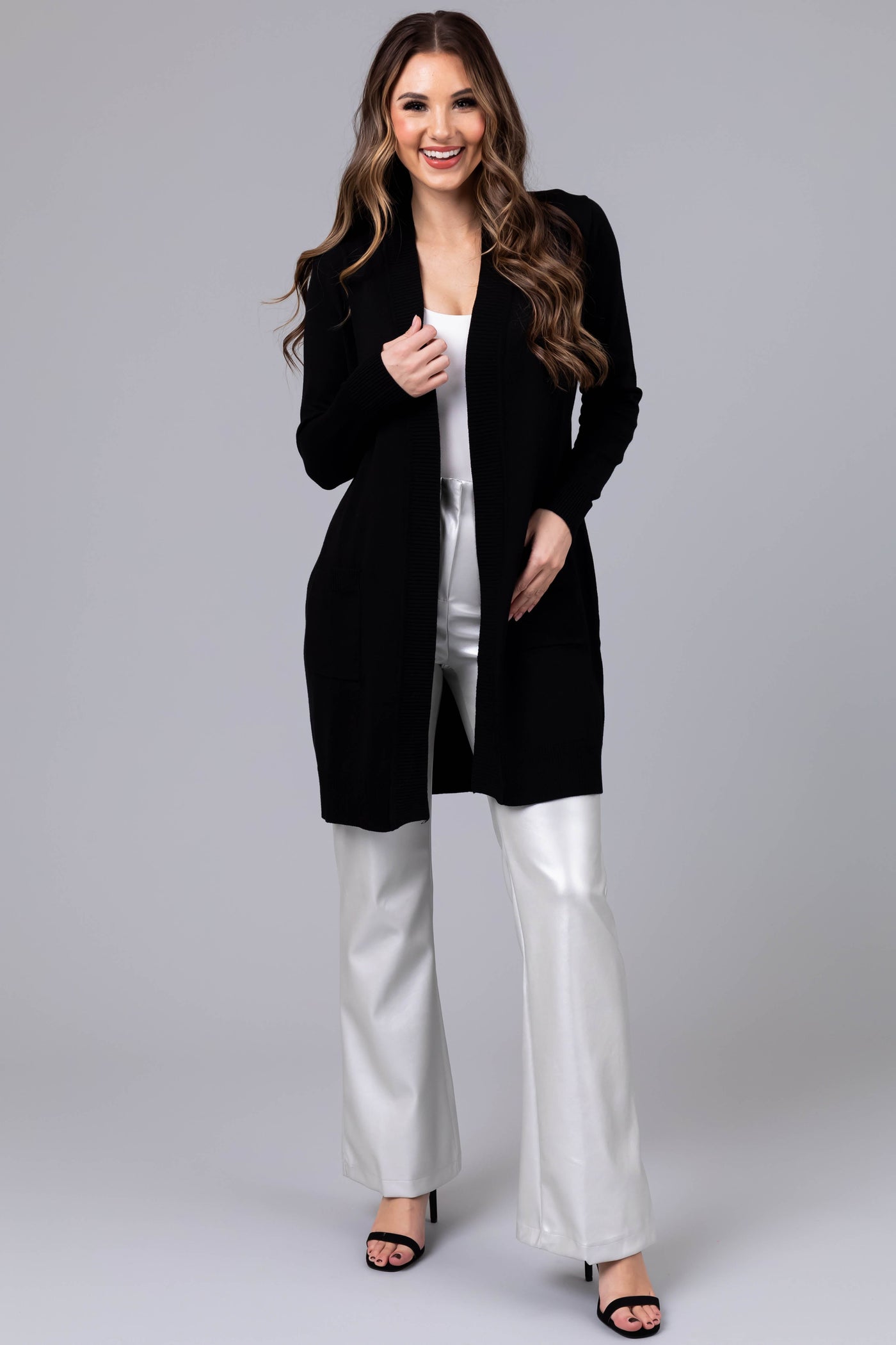 Black Mid Length Lightweight Open Cardigan
