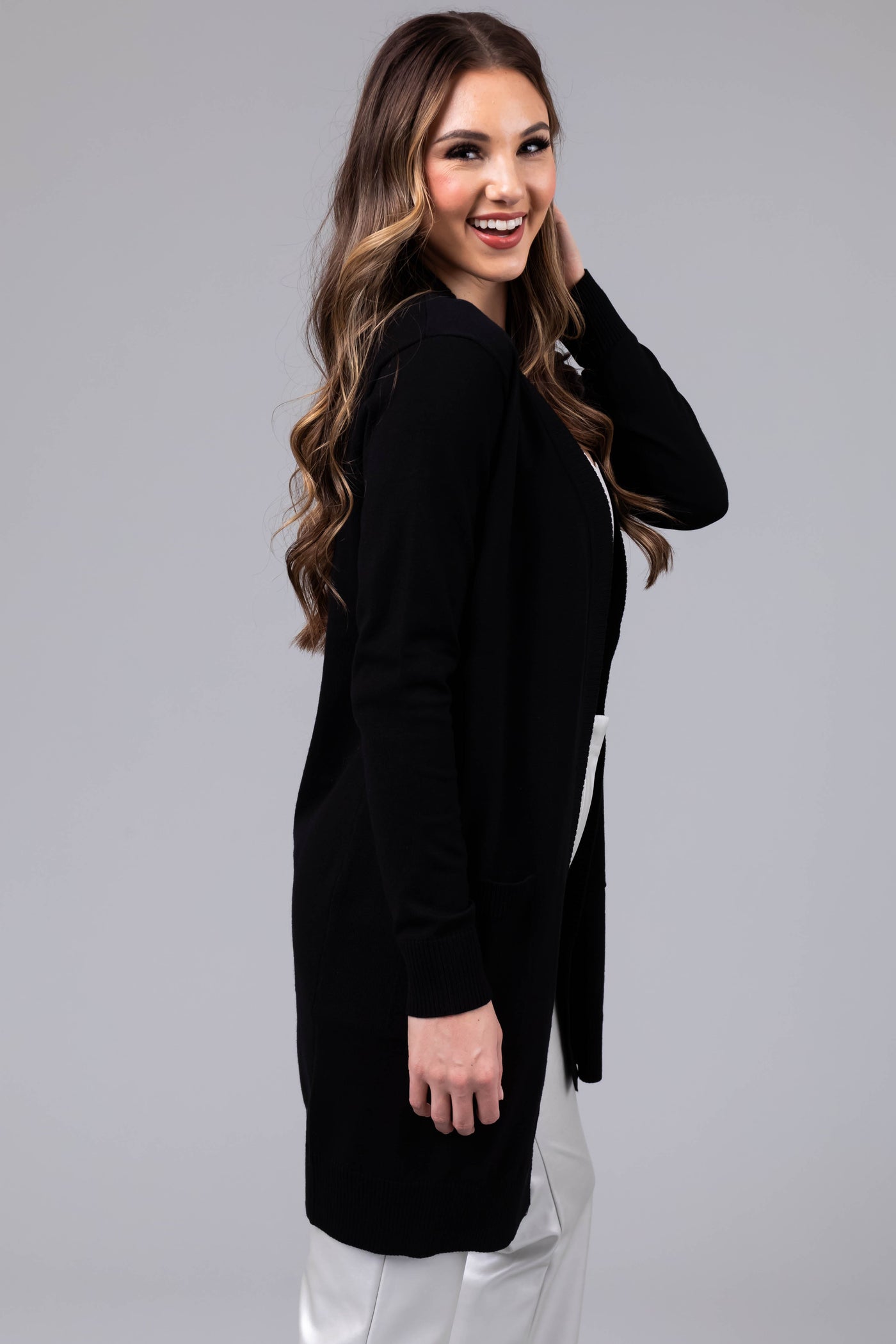 Black Mid Length Lightweight Open Cardigan