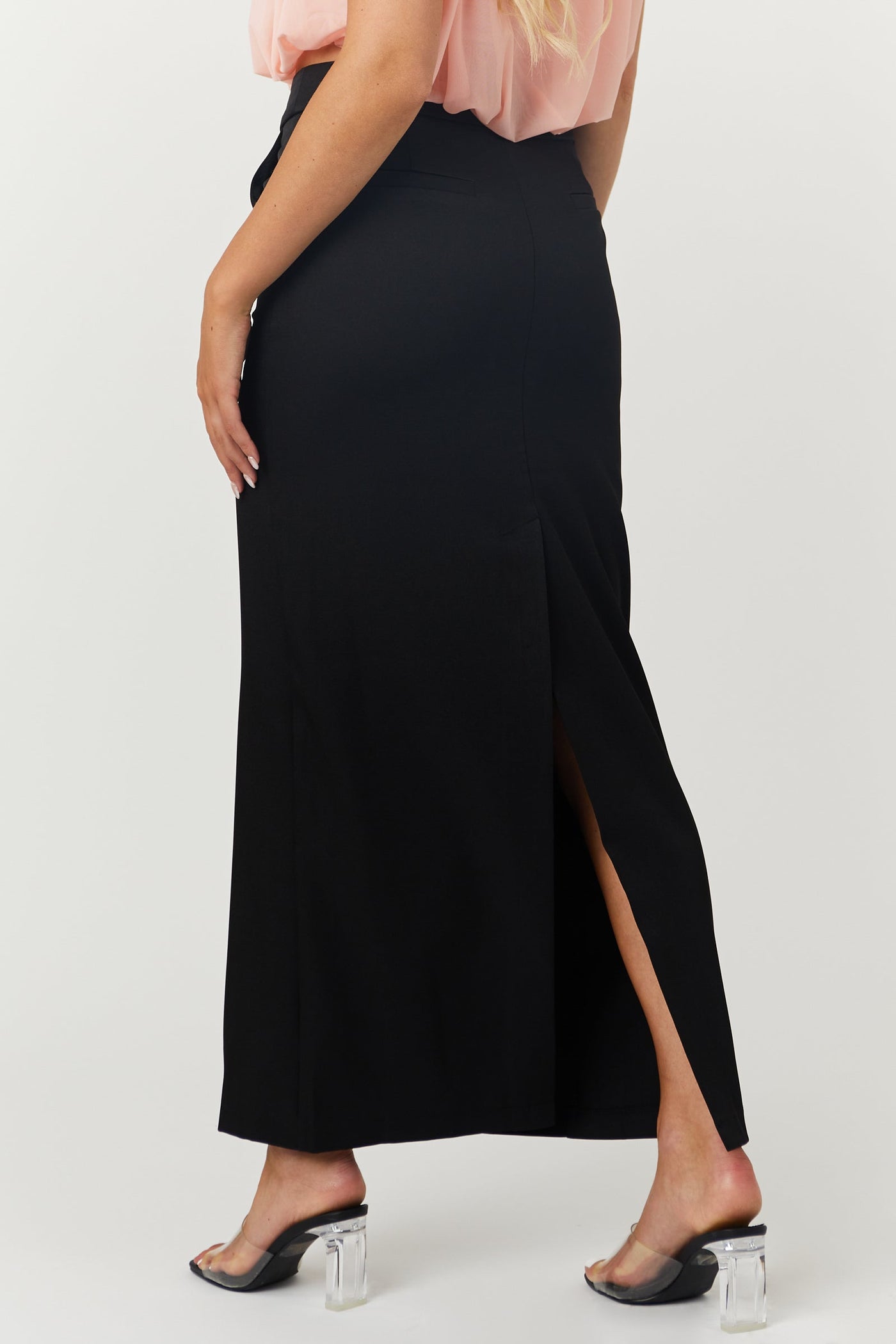 Black Mid Rise Back Slit Trouser Maxi Skirt