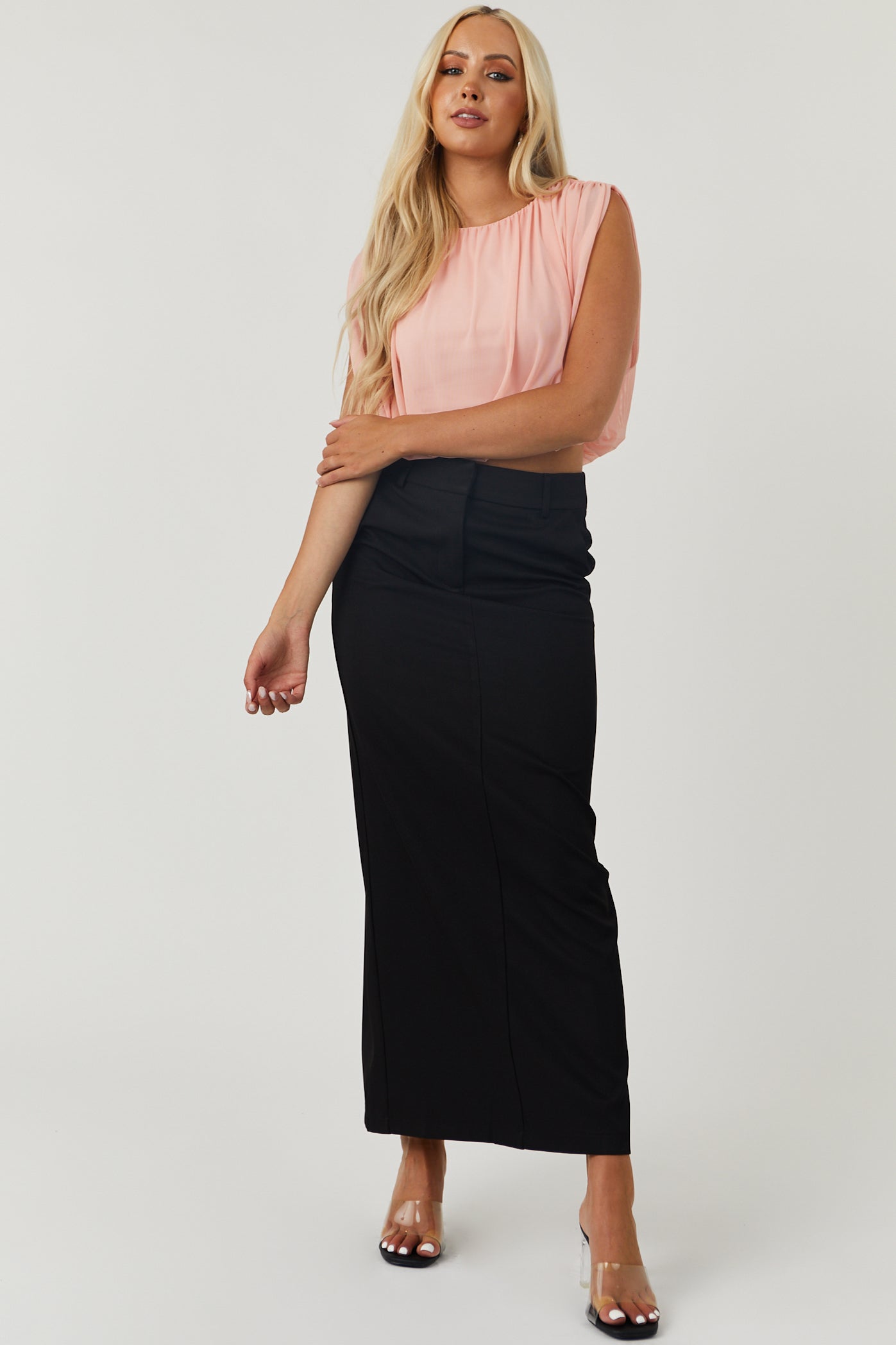 Black Mid Rise Back Slit Trouser Maxi Skirt
