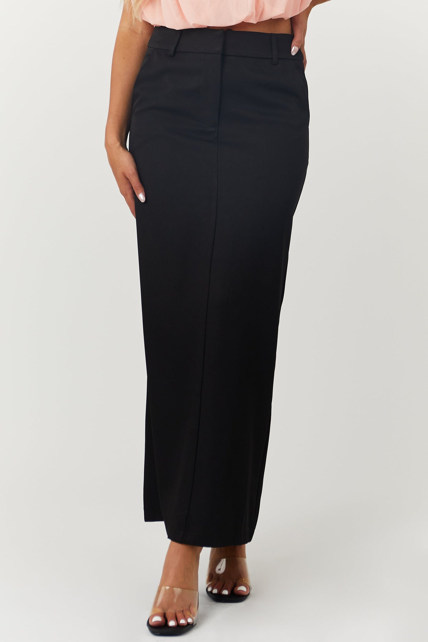 Black Mid Rise Back Slit Trouser Maxi Skirt