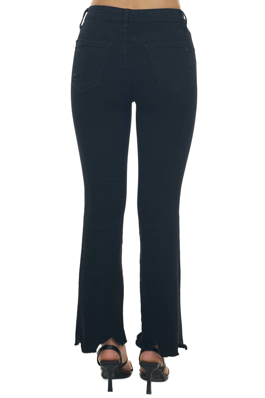 Black Mid Rise Flare Jeans with Distressing and Raw Hem